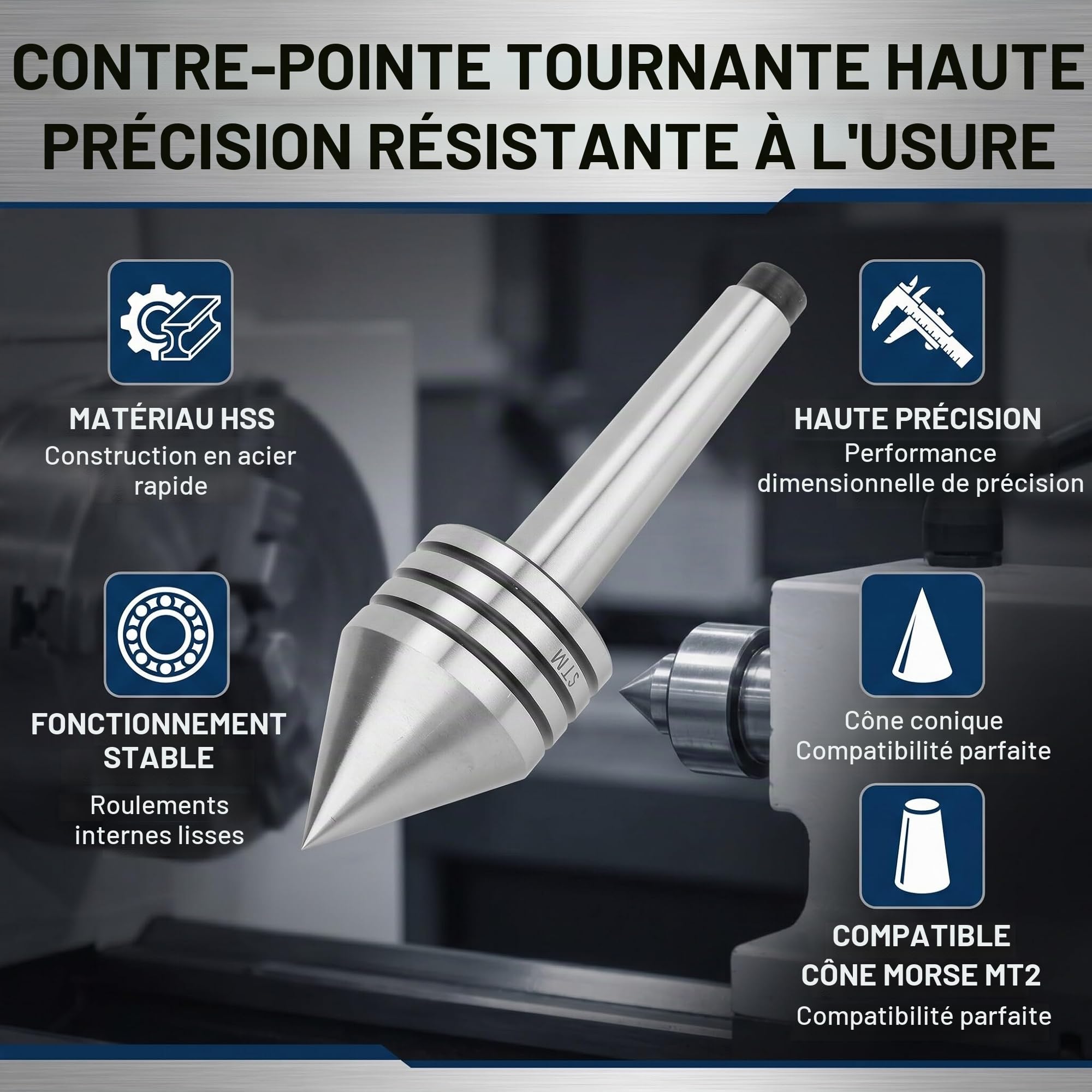 Contre-pointe Tournante Conique HSS 60 Degrés MT2 - Accessoire de Tournage sur Bois et Métal pour Tour CNC
