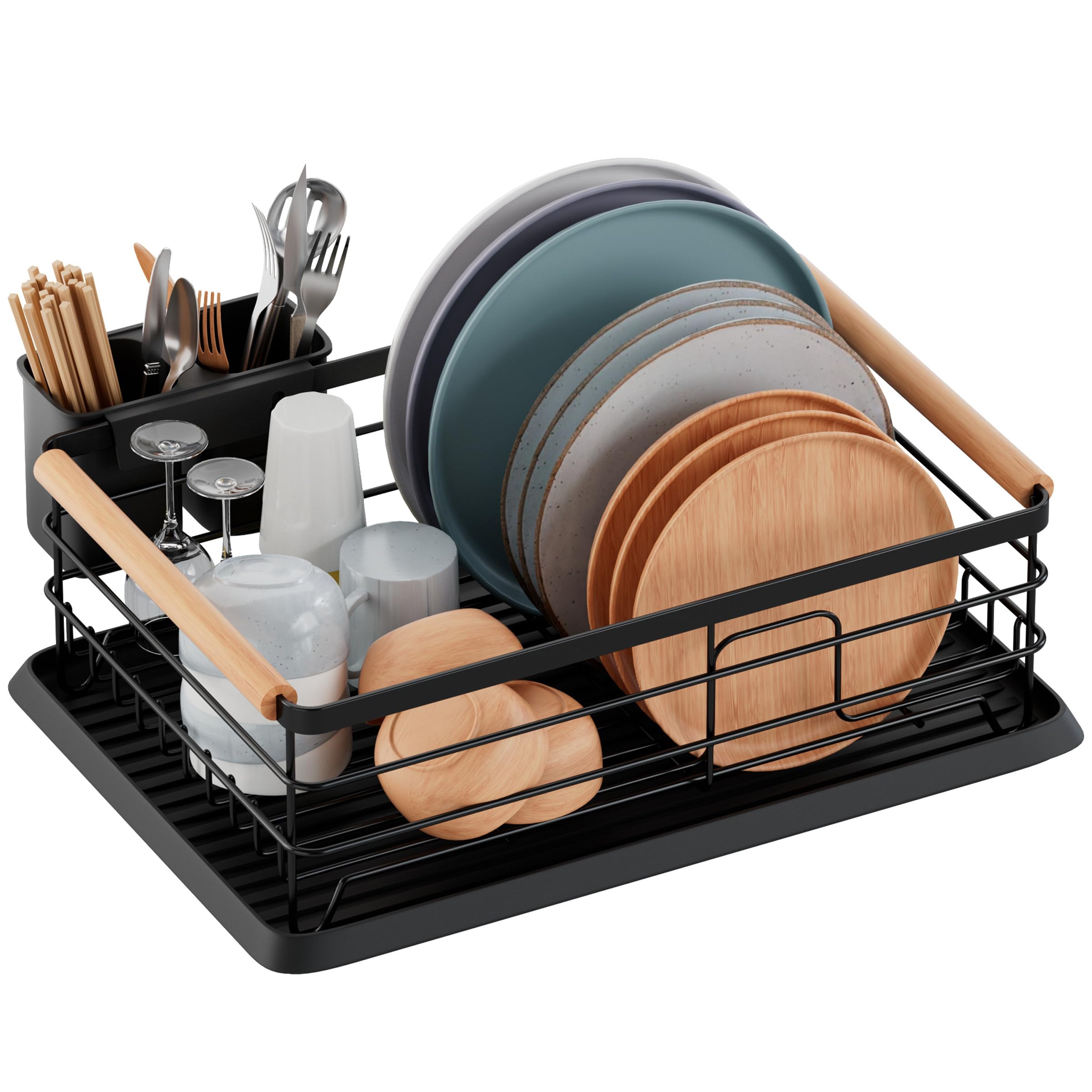 BRIAN & DANY Scolapiatti da Appoggio con Manico in Legno, Nero, 42 × 30 × 15 cm