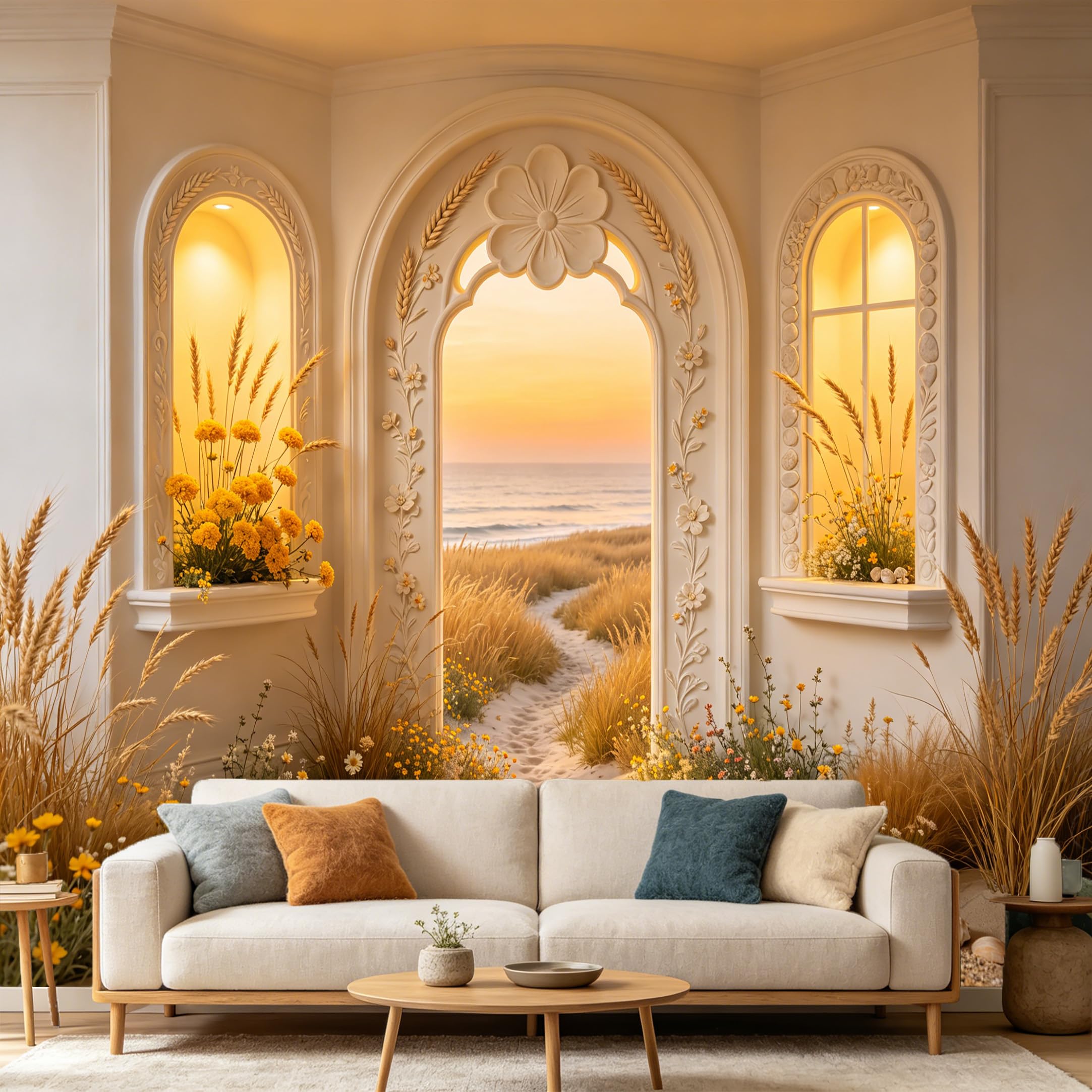 Custom Size Wall Mural， 3D Coastal Sunset Beach Archway Mediterranean Window， SelfAdhesive Art Prints wall Fabric Removable Large Wallpaper Home Living Room Decor