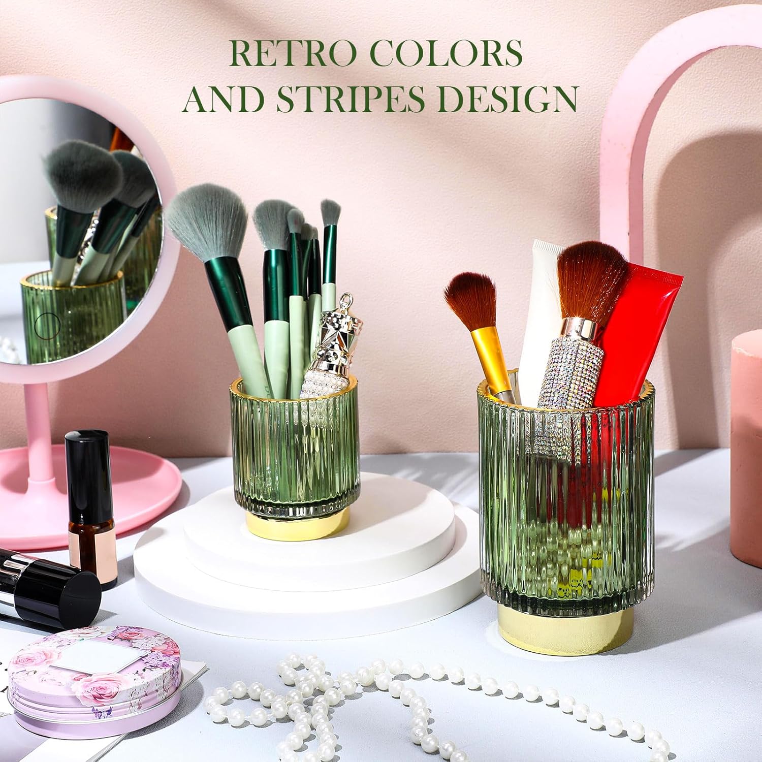Wesiti 4 Pcs Makeup Brush Holders Organize Glass Makeup Holder Vintage Cosmetic Makeup Storage Holder, Retro Striped Make up Brush Cup for Lipstick (Dark Green)