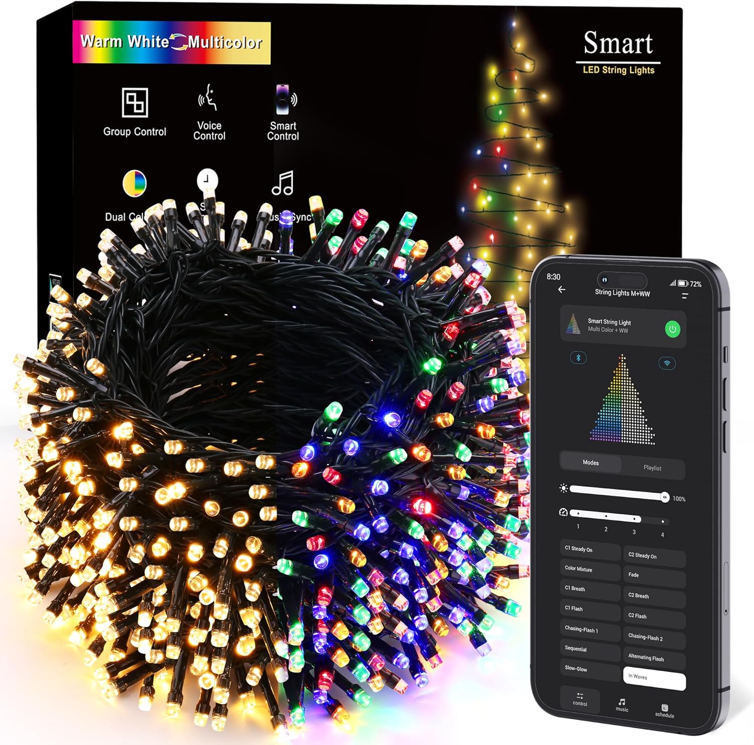 BrizLabs Luces inteligentes de Navidad, 262.4 pies, 800 luces LED que cambian de color con aplicacióncontrol de voz, blanco cálido y multicolor,