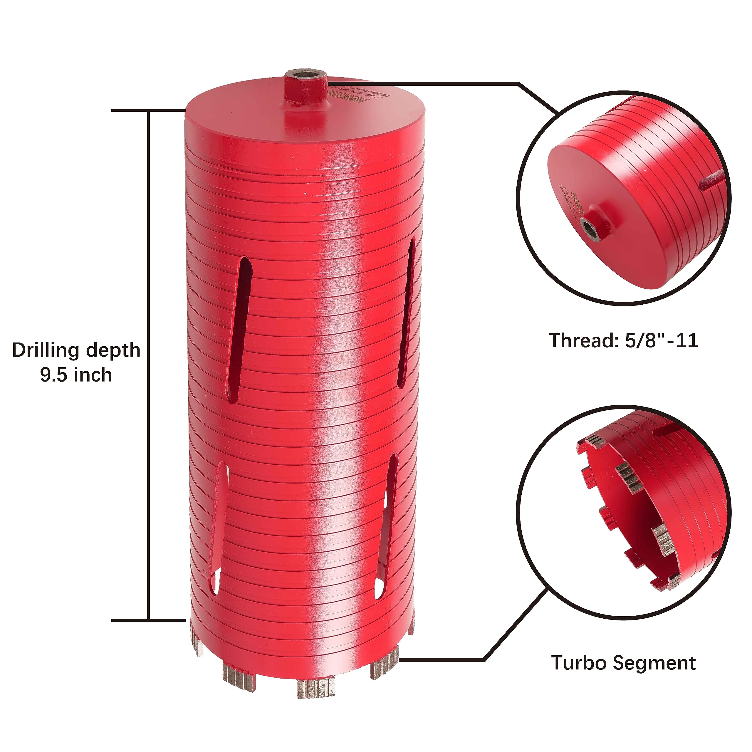 Punta per carotaggio a secco da 5-1/2 pollici, profondità di foratura 9,5” Punta per carotaggio per calcestruzzo, punta per carotaggio con filettatura da 5/8-11" per calcestruzzo, punta per car