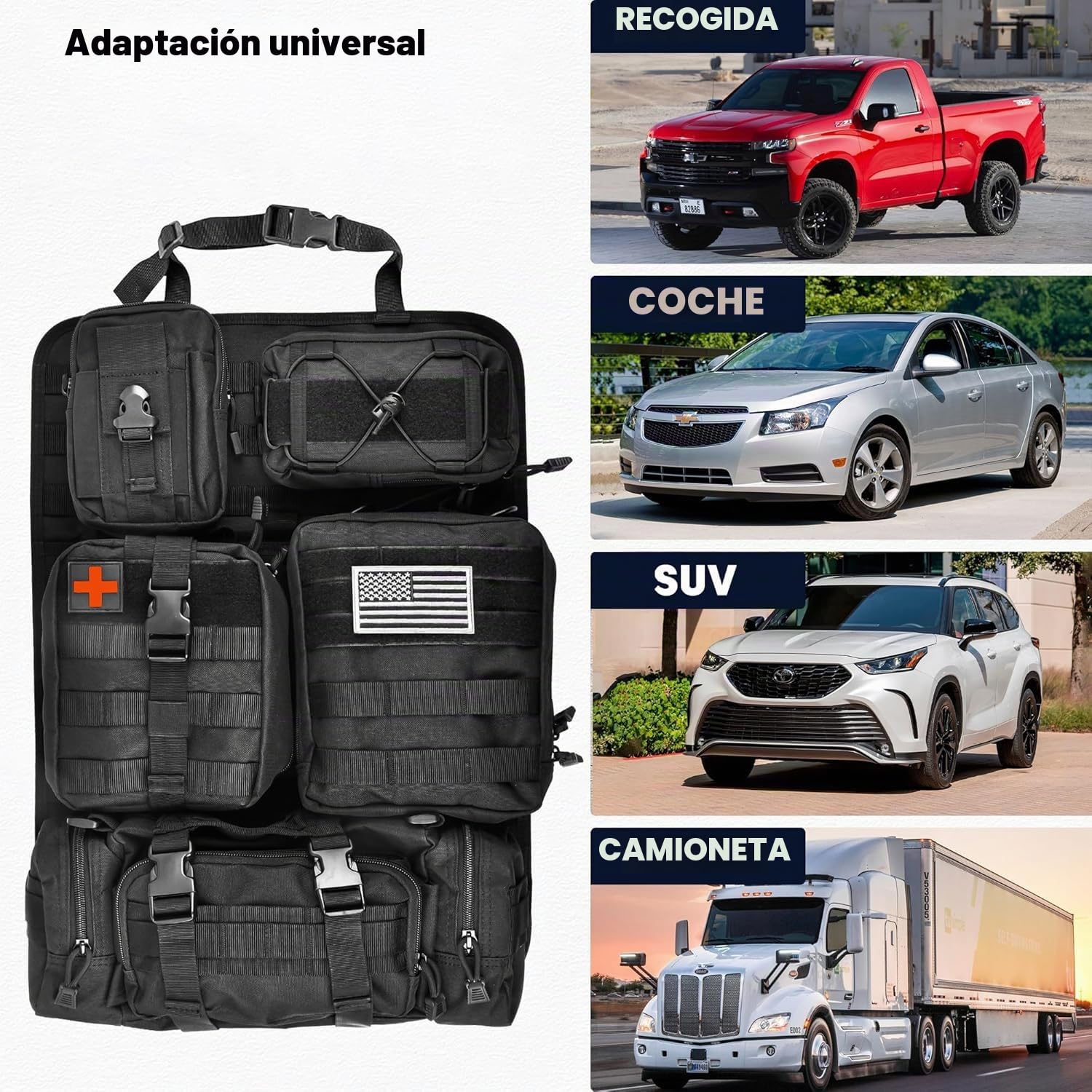 Organizador táctico para el respaldo del asiento del coche, Molle Panel organizador con 5 Desmontables Molle Bolsas, para coche Camiones (Negro)