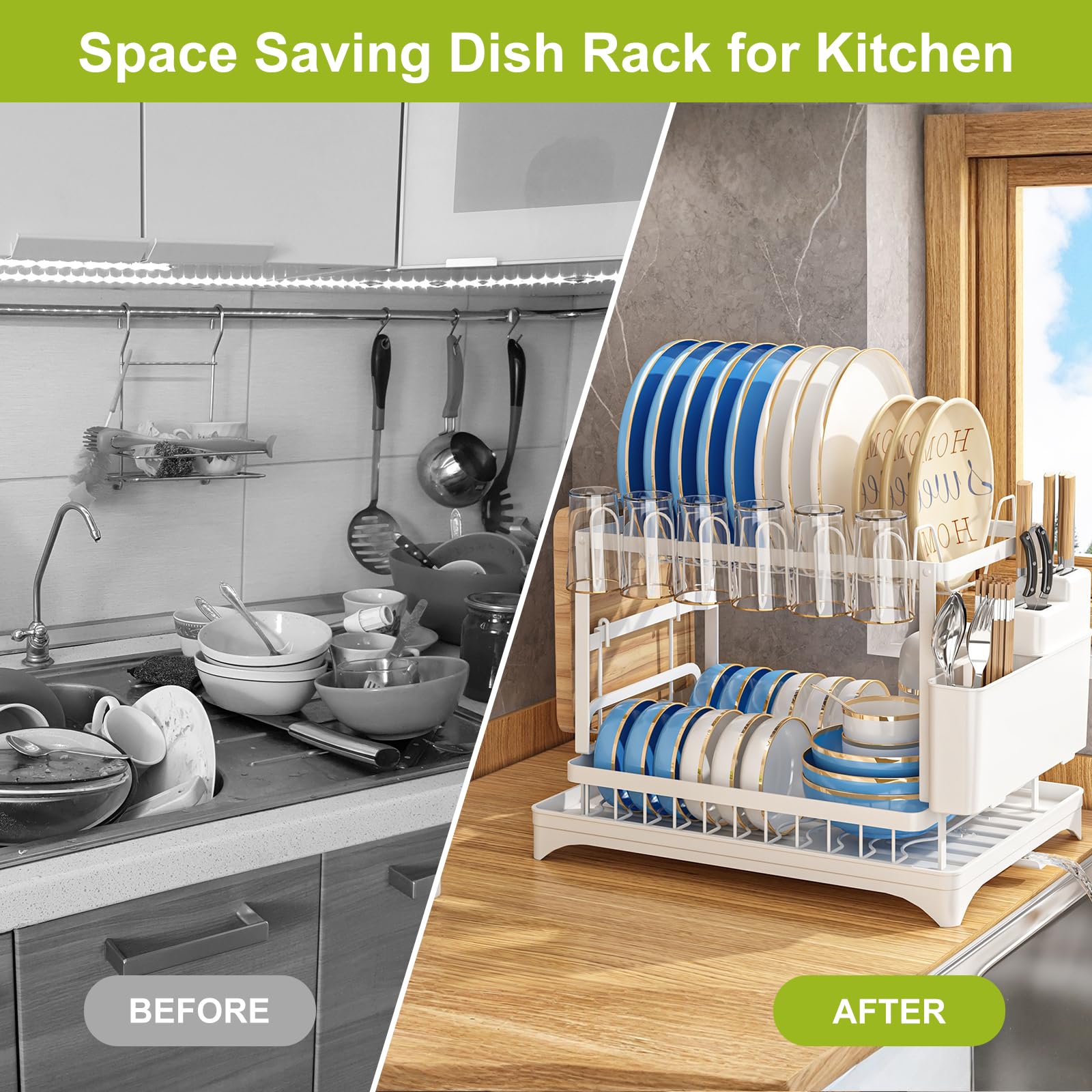 Escurridor de platos de metal resistente de 2 niveles con superficie de drenaje y soporte de silicona – Nizador de cocina para platos, tazas, botellas, utensilios – Ahorro de espacio, duradero y fácil