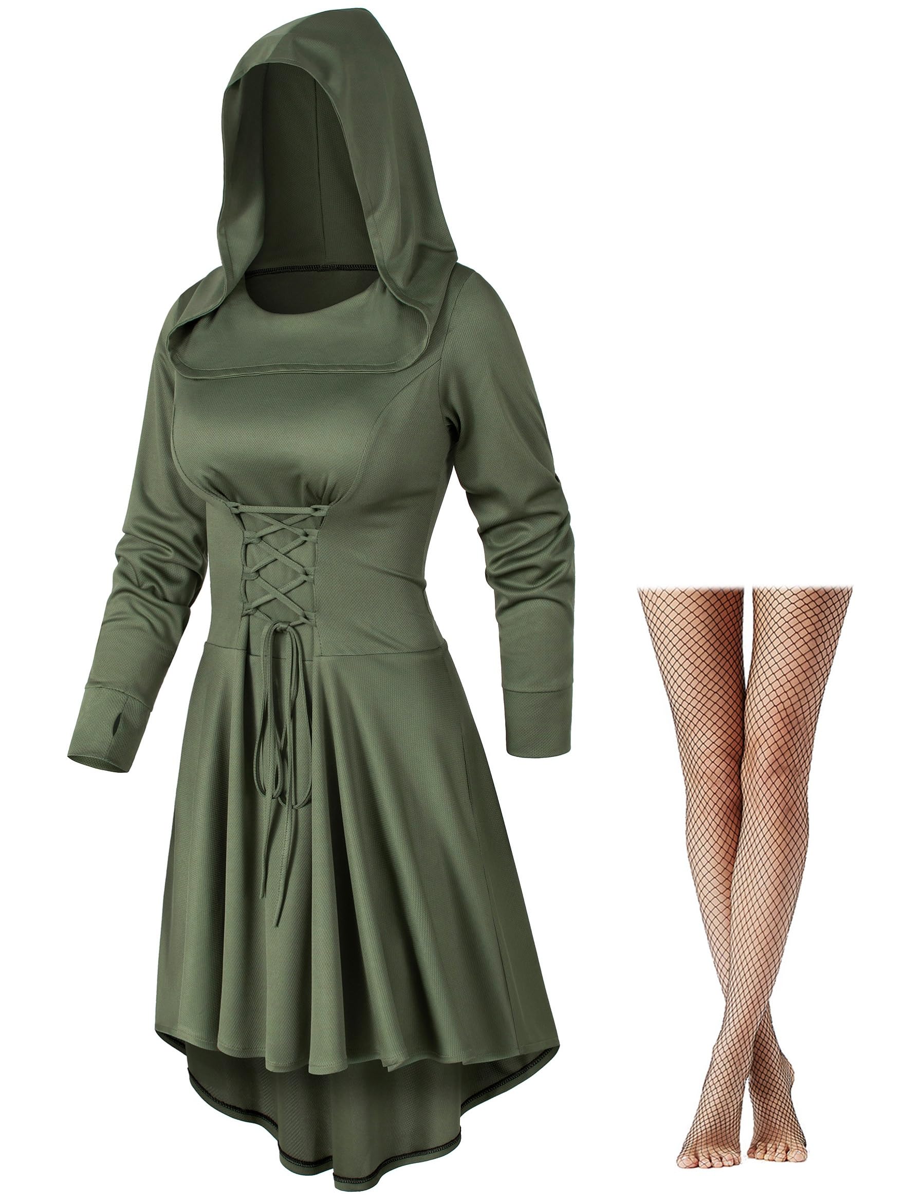 Womens Base Vintage High Low Pullover Medieval Hooded Robe Cloak Dress Costumes Cosplay Net Leggings Set