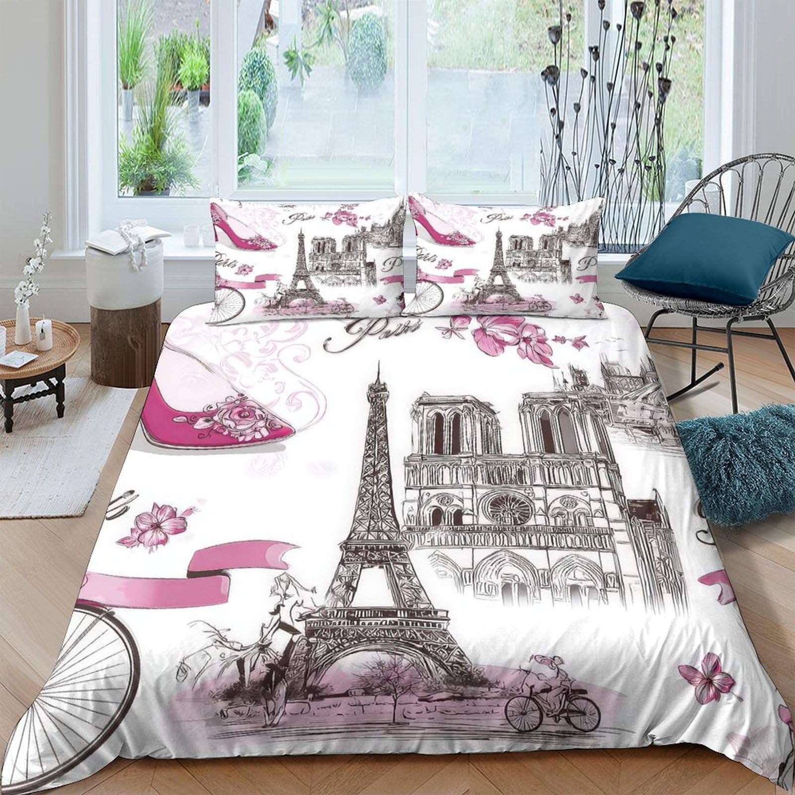 Ctjqhvkz Style-9 3D Printed Paris Eiffel Tower Fitted Sheet Microfiber Soft Pink Notre Dame Mattress Cover For Bedroom Decor Single（135X200cm）