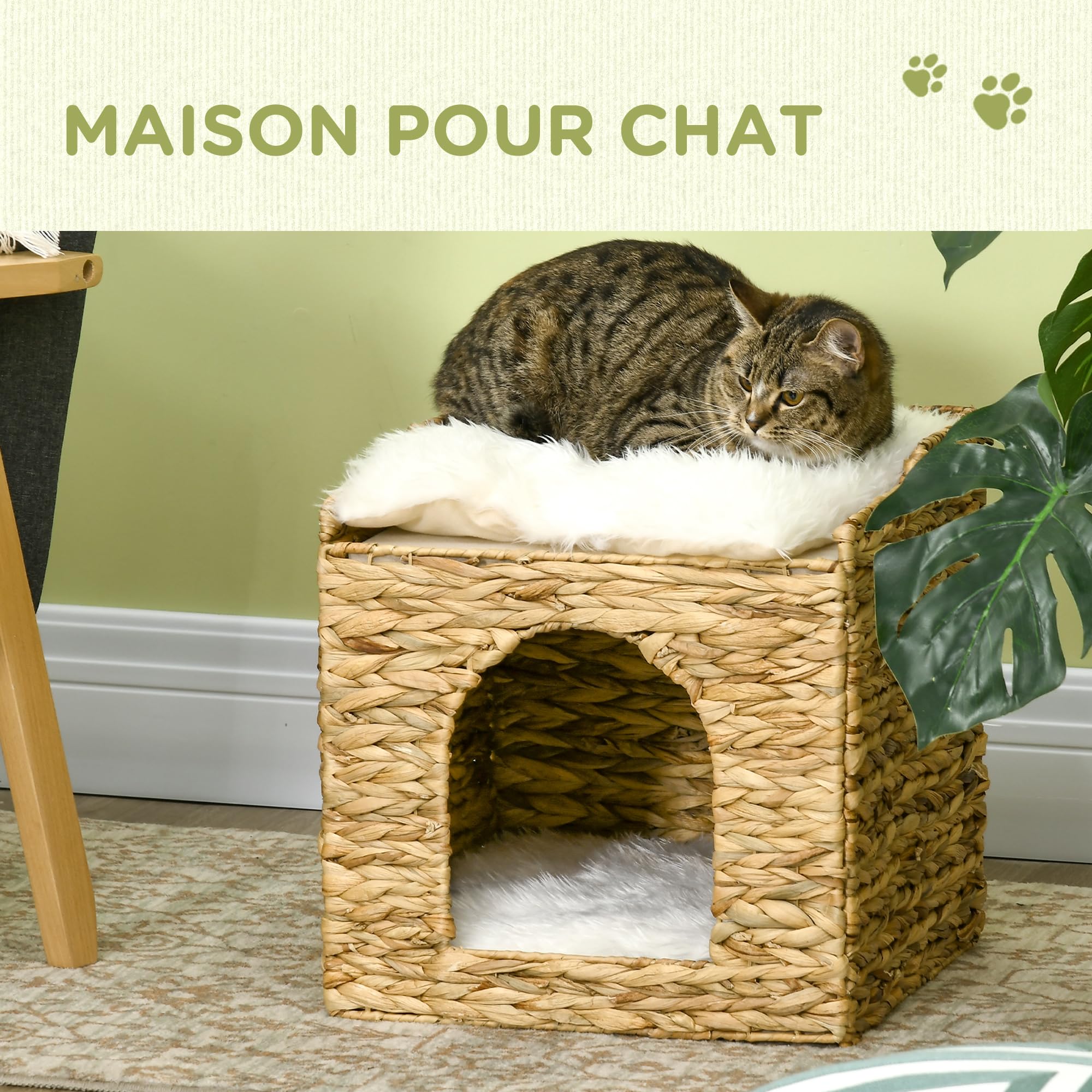 PawHut Maison à Chat Niche pour Chat à 2 Niveaux avec 2 Coussins en Jacinthe d'eau - 37,5 x 37,5 x 41,5 cm Marron, crème