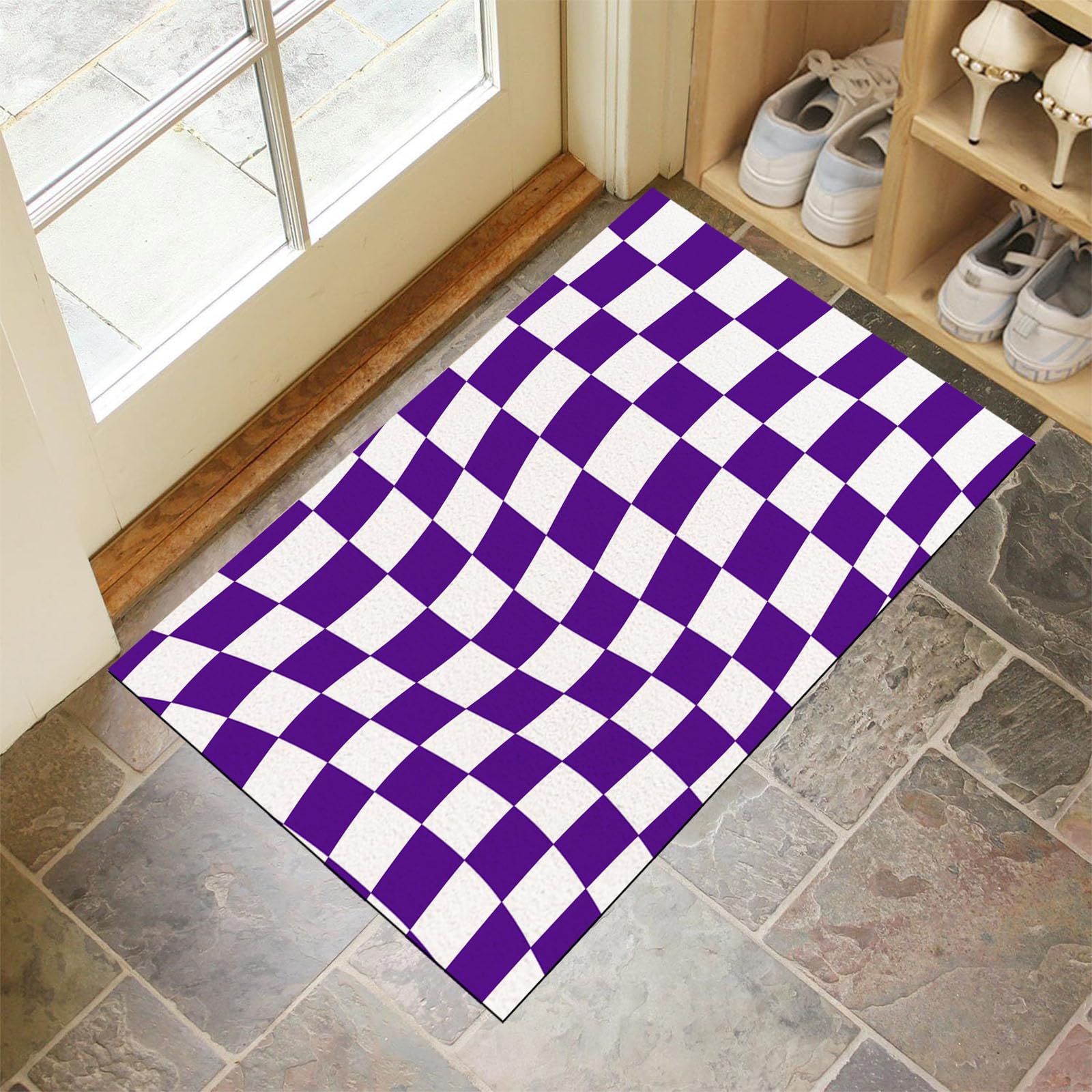Paillasson violet et blanc damier 90x150cm pour entrée