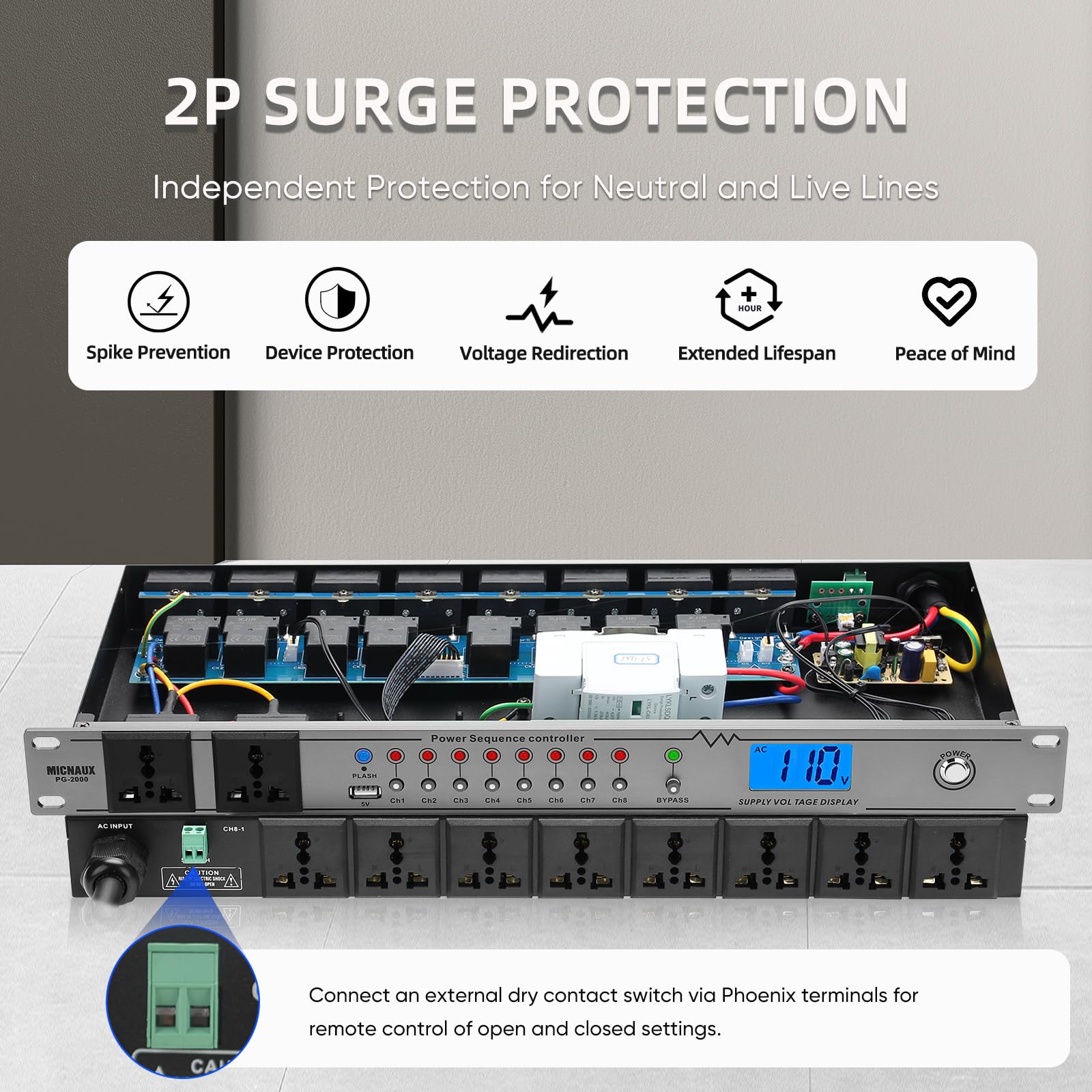 20A Rackmount Sequenzer Power Conditioner für Audiogeräte 10 2000W Netzstecker mit 8 unabhängigen Steuerungen, Überspannungsschutz
