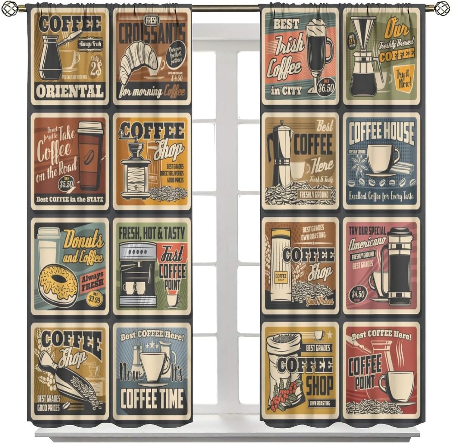 Retro Coffee Blackout Window Curtain, Retro Posters Coffee Maker Cafe Drinks for Home Kitchen Restaurant Decoration Window Curtain 2Panel 72" W X 63" L