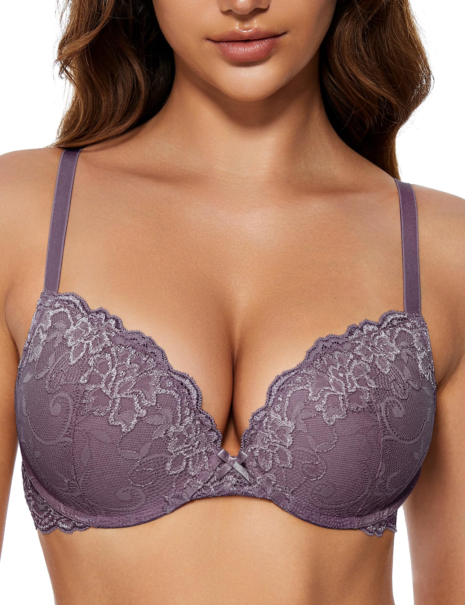 Wingslove Damen Push Up BH mit floraler Spitze gepolsterter Bügel BH Komfort BH