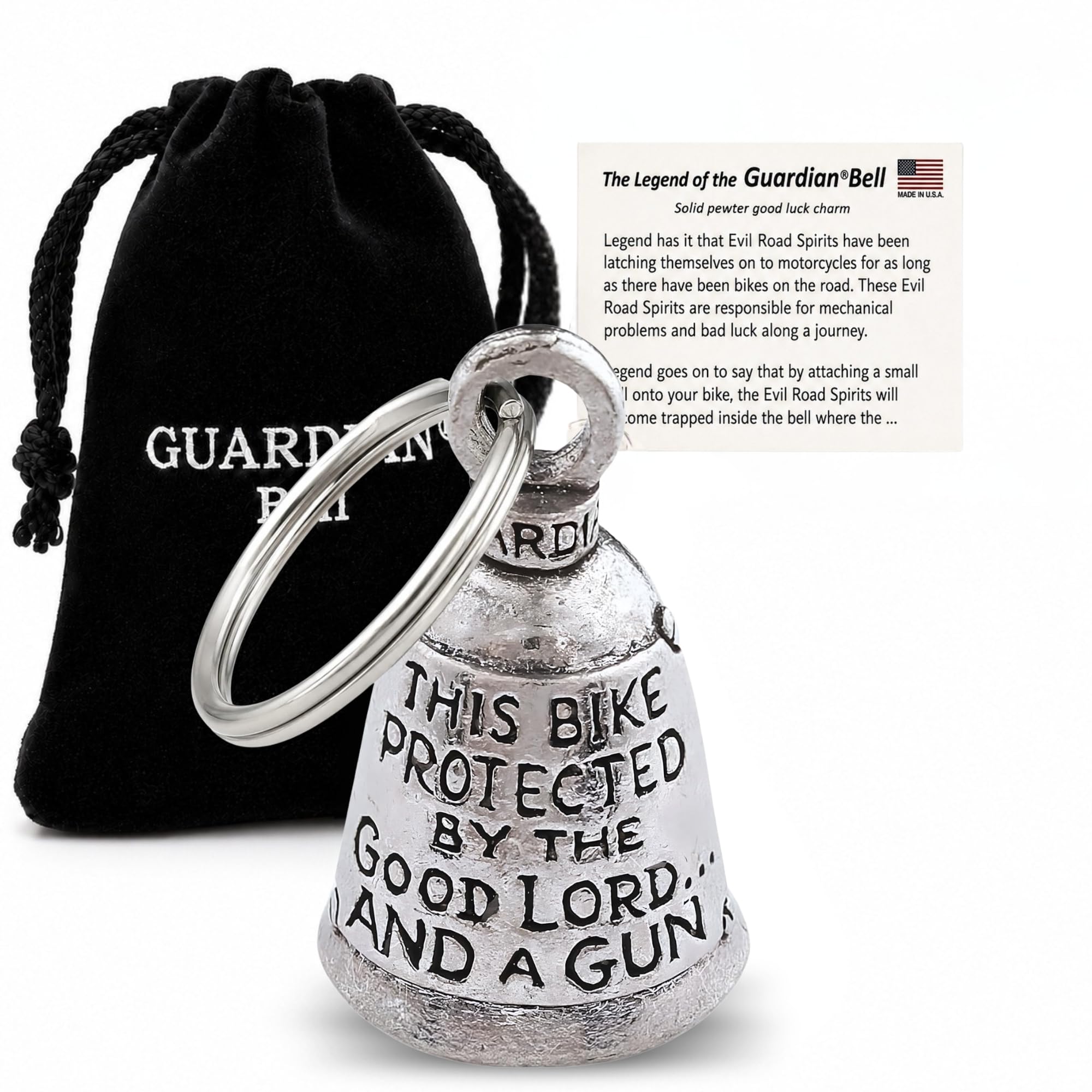 Guardian Bell This Bike Protected by Good Luck Bell w/Keyring &amp; Black Velvet Gift Bag | Motorcycle Bell | Lead-Free Pewter | Made in USA