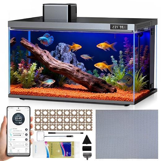 Fish Tank, 8 Gallon Smart Fish Aquarium Kit, Includes Quiet Pump, Filtration and LED Lighting, Smart Control with Apps, Perfect for Betta, Small Fish, All-in-One Beta Tank for Beginners, Glass