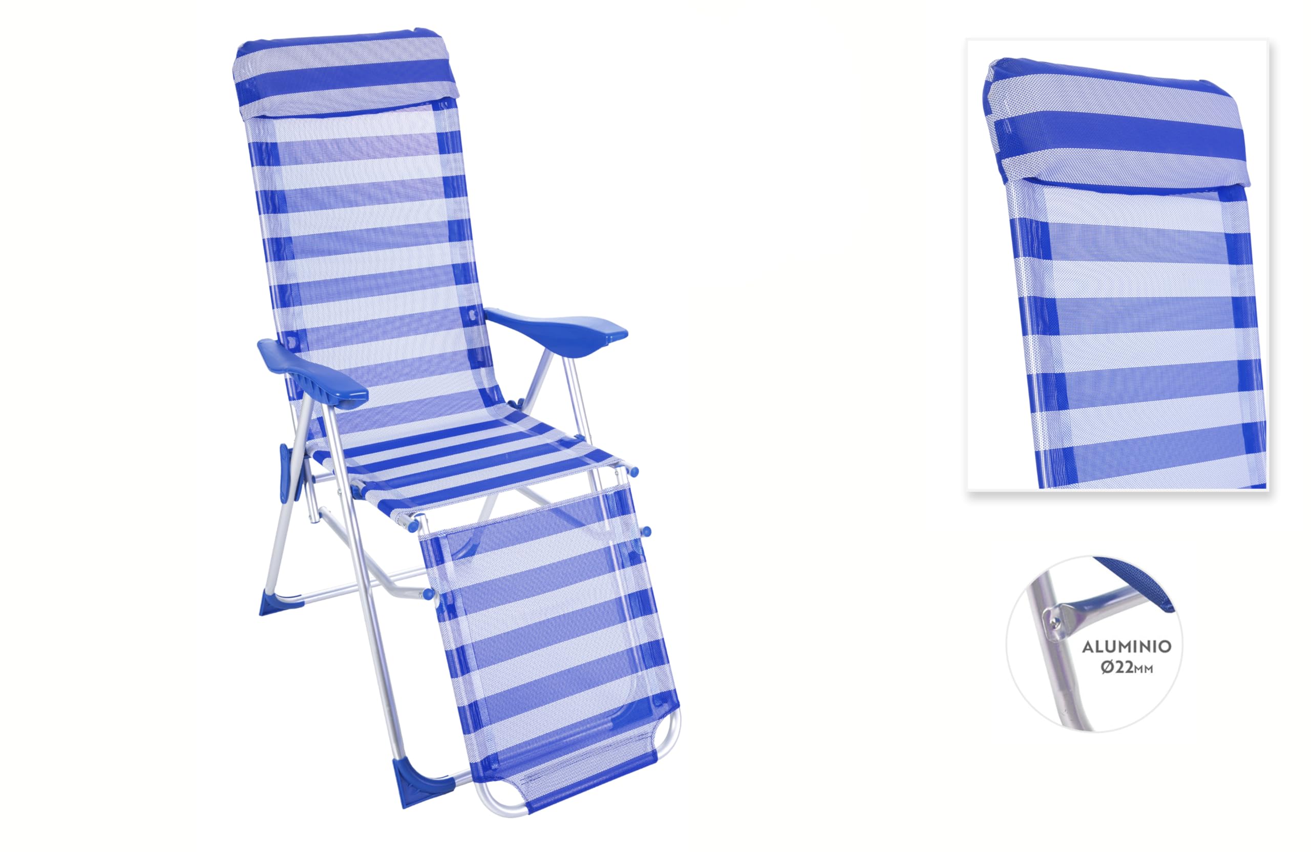 HERSIG - Silla Tumbona Plegable - Sillones Jardin Exterior - Sillas Tumbonas - Tumbonas Jardin con Reposapies - Exterior Terraza, Camping, Piscina - Ligera y Resistente - Rayas Azules
