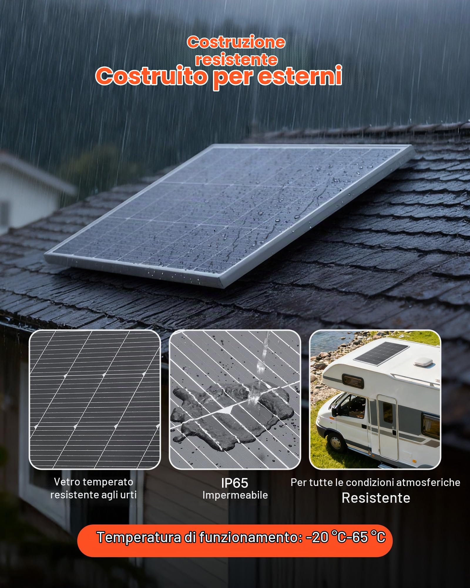 VEVOR Modulo Solare Monocristallino da 200 W ad Alta Efficienza con Uscita MC4 Stabile e Telaio in Alluminio, Impermeabile IP65 per Applicazioni su Tetti Piani per Auto, Barche, Camper