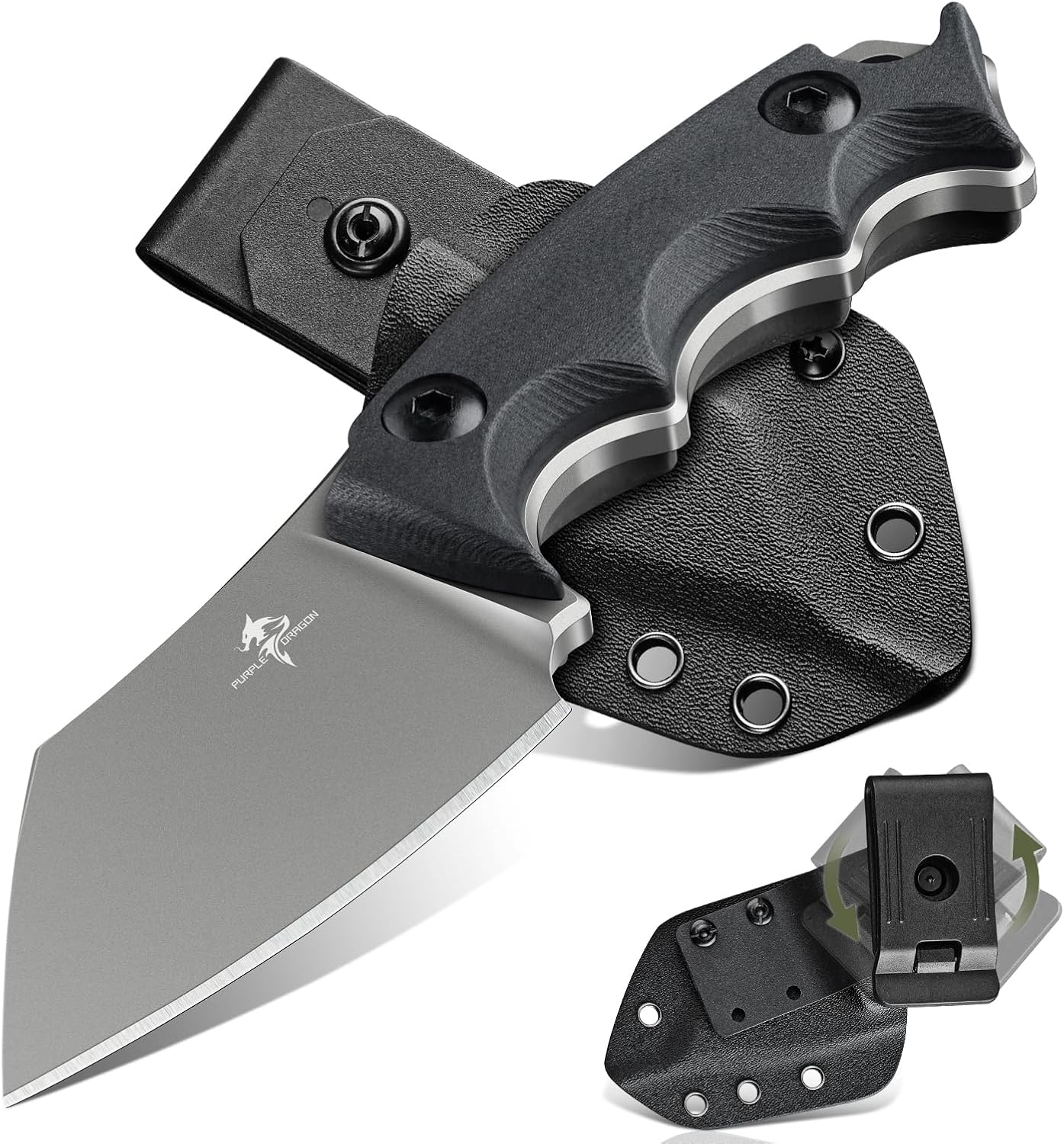 Purple Dragon EDC Fixed Blade Knife with Rotatable Sheath,D2 Survival Knife