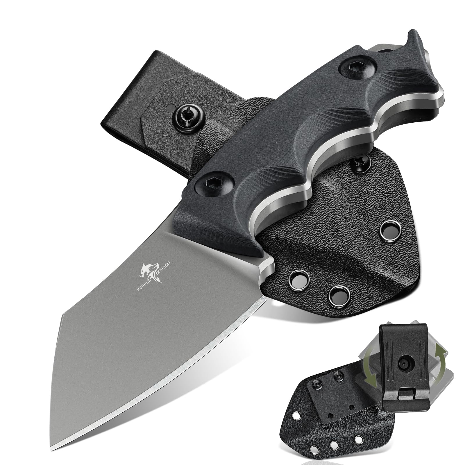 Purple Dragon EDC Fixed Blade Knife with Rotatable Sheath,D2 Survival Knife
