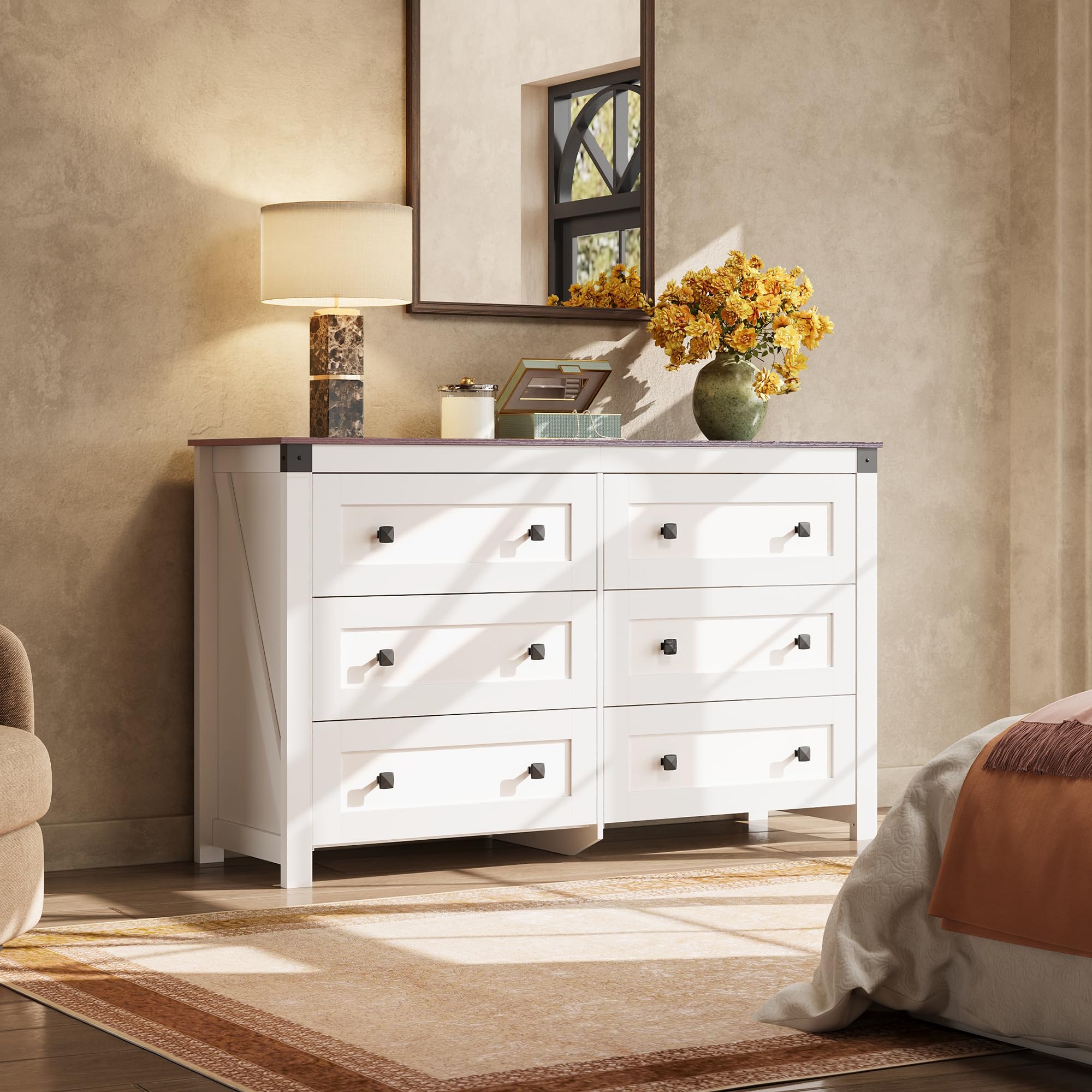 Amazon.com: WLIVE Farmhouse 6 Drawer Dresser for Bedroom, 53.07'' Wide Wood  Dresser, White Dressers Storage Organizer with Double Rustic Handle, TV  Stand for 60 inch TV, Chest of Drawers for Living Room,