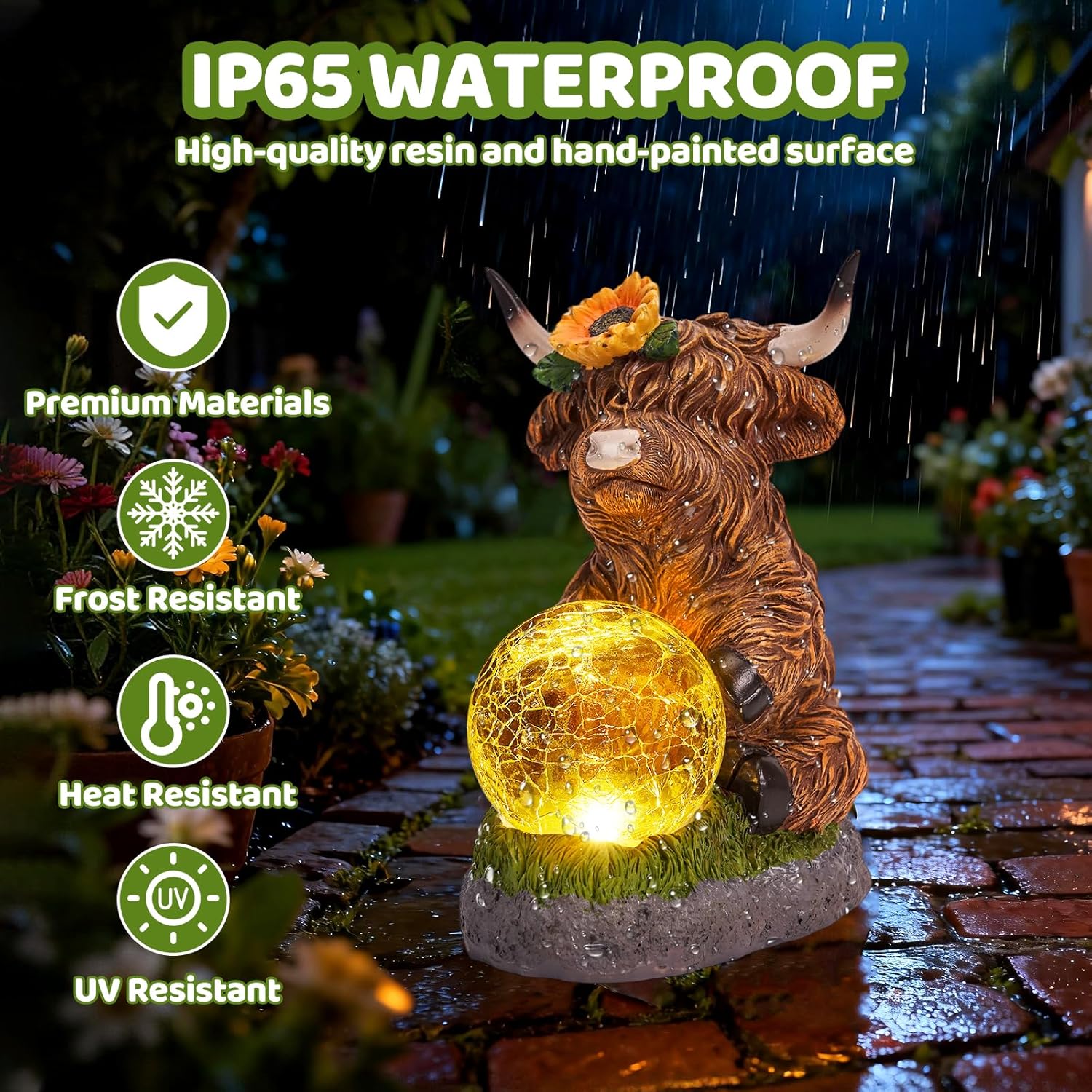 Solar Garden Statues Highland Cow Outdoor Decor Resin, 2026 New Highland Cow Figurine with LED Glass Ball Outside Lawn Yard Patio Balcony Gifts for Mom Women