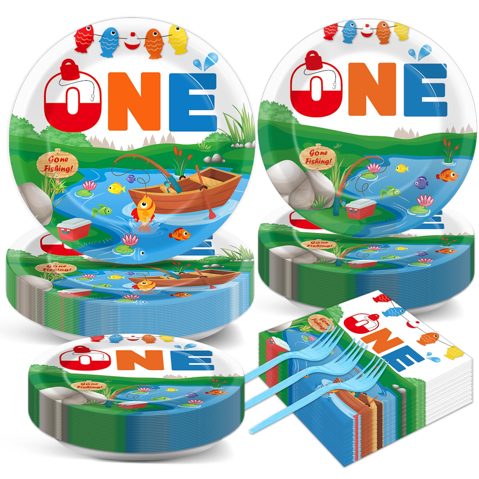 50 GuestsGone Fishing Plates and Napkins Party Supplies Ofishally One Birthday Party Decorations Disposable Tableware Set The Big One Dinnerware Favor for Kids Boys Girls, 200PCS