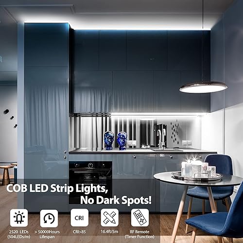 Miniatura 4 de PAUTIX COB - Tira de luces LED de 16.4 pies, luz blanca diurna 6500 K, tira de luz LED regulable CRI85+, cinta de luces LED superbrillantes de 24 V