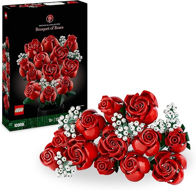 LEGO Icons Bukiet róż, zestaw sztucznych kwiatów do dekoracji wnętrz dla dorosłych fanów, kolekcja botaniczna, prezent rocznicę dla niej i dla niego, odprężające budowanie, 10328