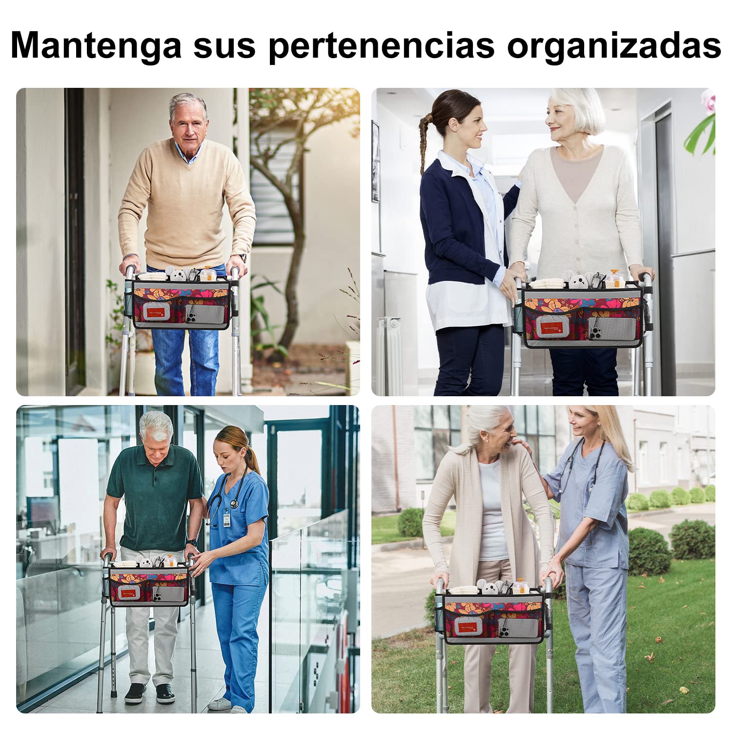 supregear Cesta de Andador, Bolsa Organizadora Walker de Gran Capacidad con 4 Malla Bolsillos y Bolsa de Almacenamiento de Diseño Gancho y Bucle de Raya Reflectante para Accesorios de Walker Carry