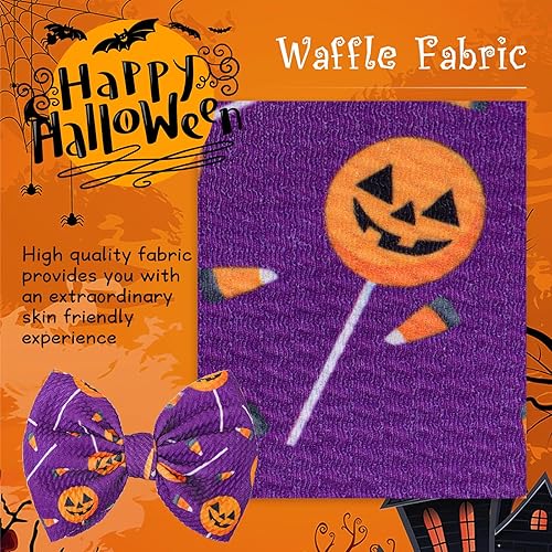 Miniatura 5 de YanJie HAIRBAND, 4 diademas temáticas de Halloween para niñas bebés, lazos elásticos de nailon con estampado de calabaza en naranja y morado,