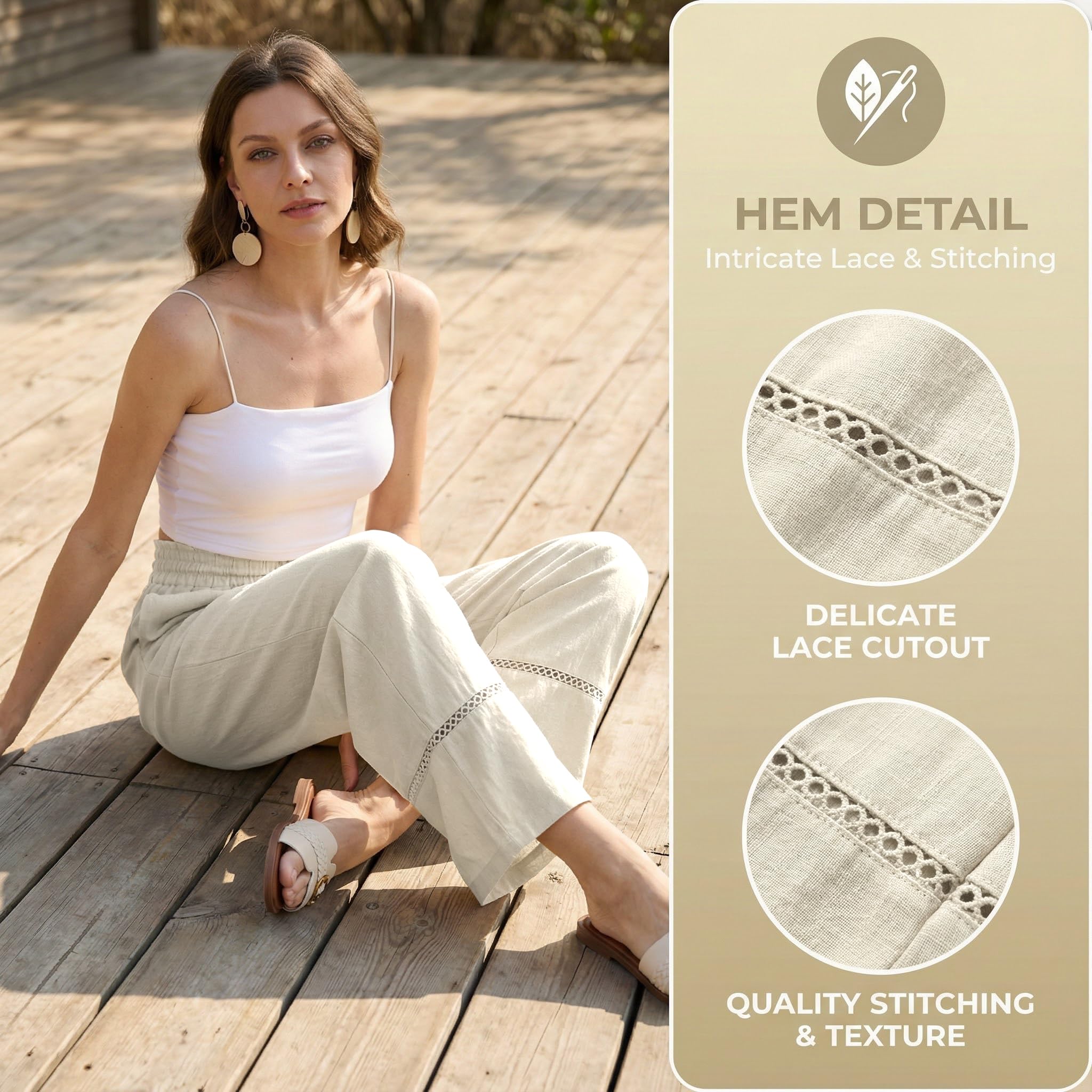 Pantalones de lino de pierna ancha para mujer, cintura alta, informales, con cordón, pantalones palazzo para playa con bolsillos — view 5