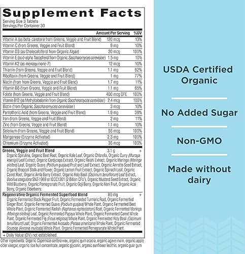 Miniatura 2 de Ancient Nutrition Supergreens - Tabletas multivitamínicas, superalimento orgánico en polvo con multivitaminas hechas de frutas reales, verduras y