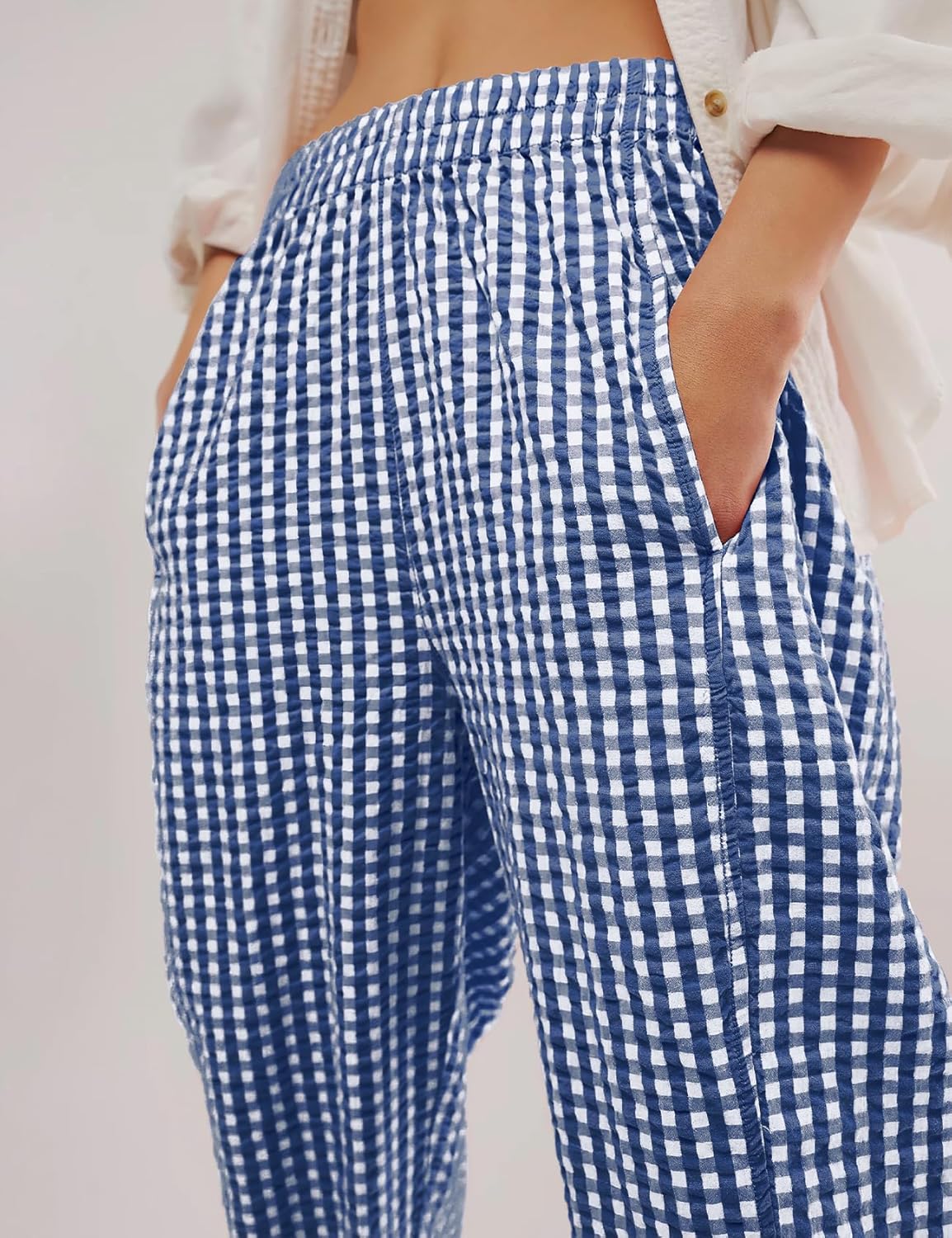 PEHMEA Cotton Gingham Boxer Pants for Women Casual Plaid Harem Trousers Y2K Beach Lounge Bottoms with Pockets - Image 3