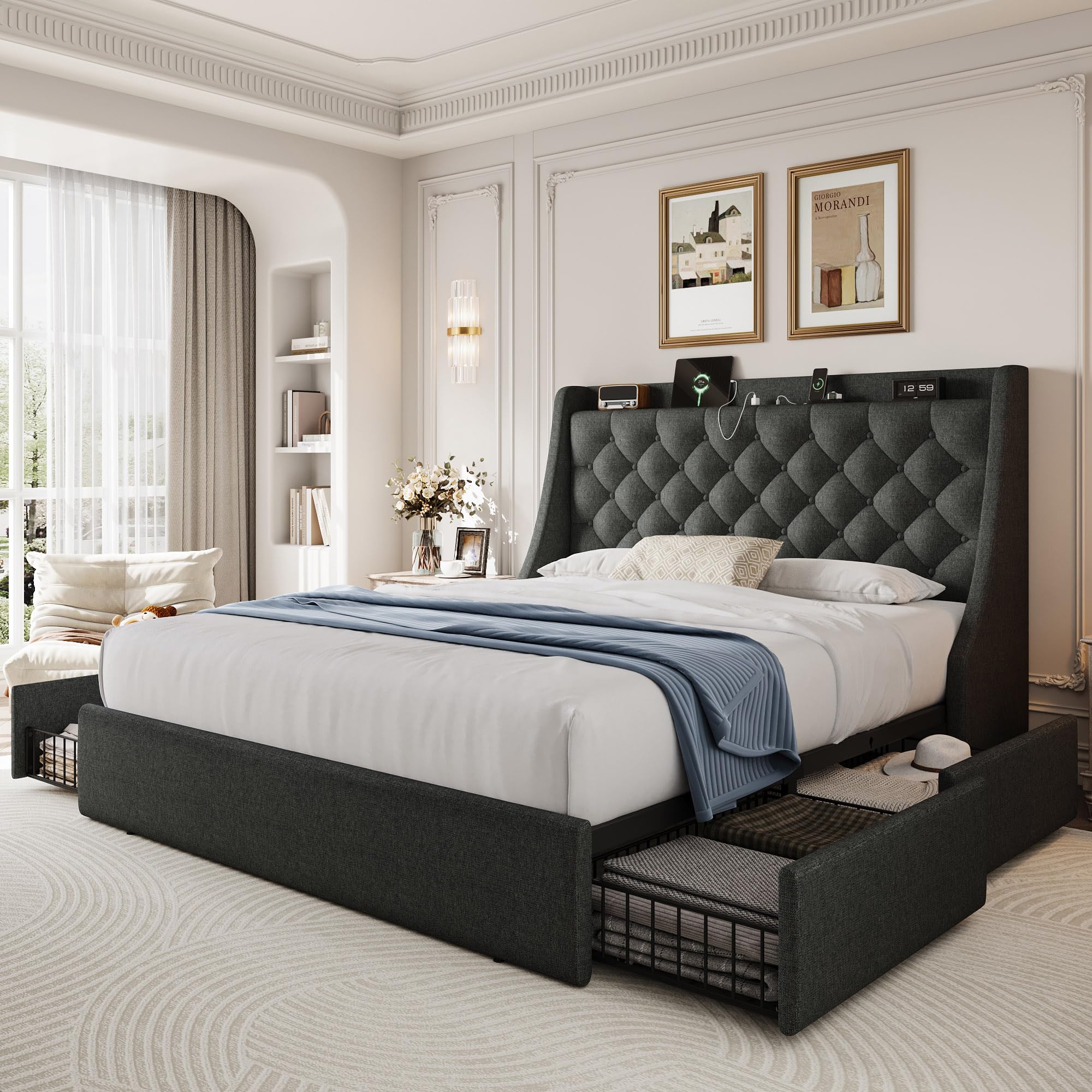 AMBERHAUS Full Size Upholstered Platform Bed Frame with 4 Storage Drawers and Charging Station, Linen Button Tufted Wingback Headboard, Sturdy Wooden