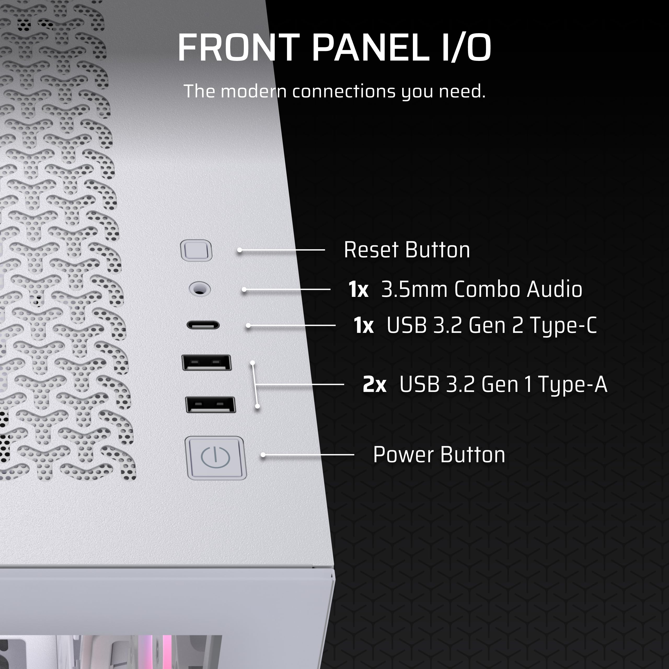 CORSAIR 3500X RS-R ARGB Panoramic Mid-Tower PC Case – 3x Pre-Installed RS120-R ARGB Fans, GPU Anti-Sag Arm, Fits up to 10x 120mm Fans, Reverse Connection Motherboard Compatible – White — view 6