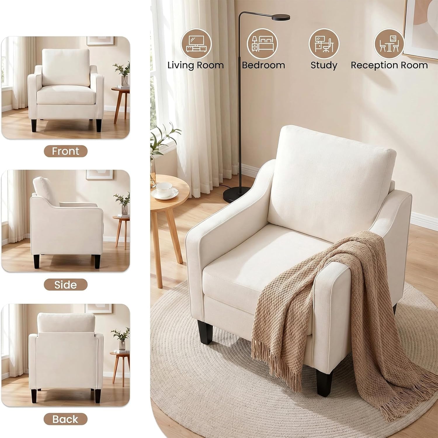 Clevich Poltrona Salotto In Ciniglia Stile Retrò E Schienale Gambe In Legno Poltrona Imbottita Con Braccioli Relax Per Salotto Soggiorno Caffè Camera Da Letto (1pc, Beige)