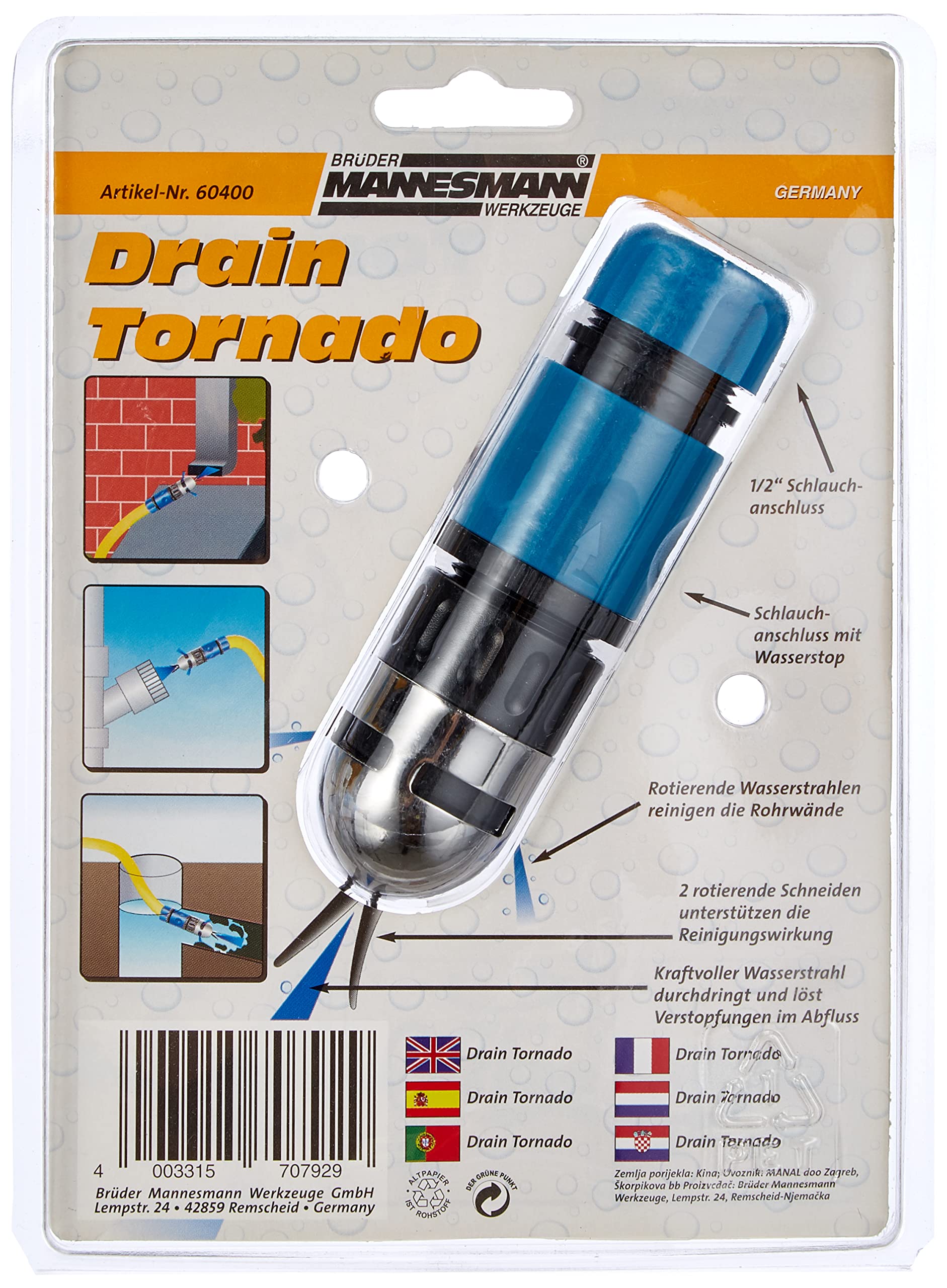 Mannesmann - M60400 - Juego de manguera de limpieza para tuberías "Drain Tornado"