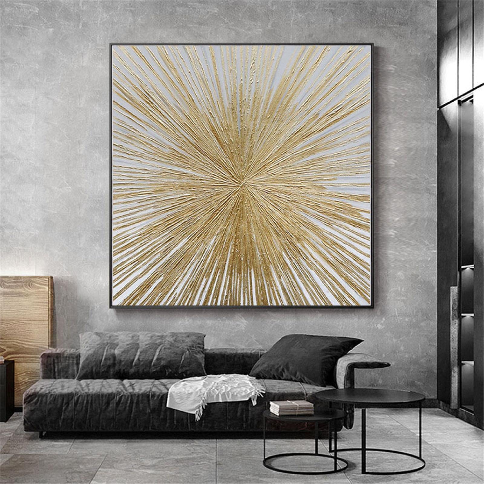 Jianghu Art Leinwanddruck konkav strukturiertes Ölgemälde auf Leinwand Goldlinien Wandkunst abstrakte brillante goldene Sonne Bürobild 70x70cm (28x28in) mit Rahmen