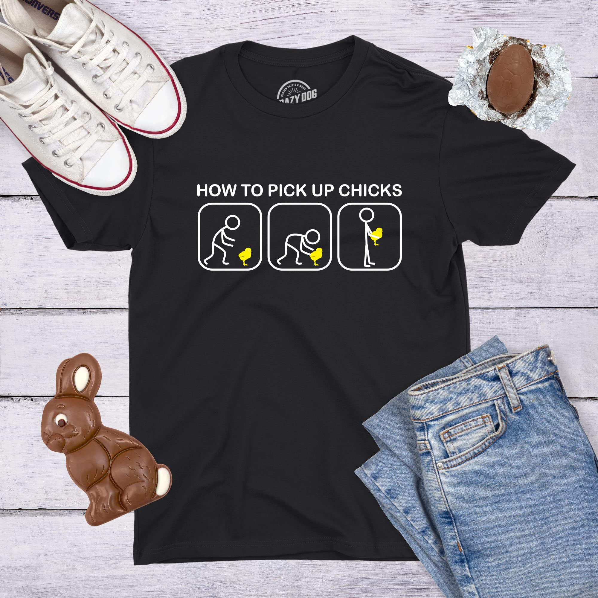 Mens How to Pick Up Chicks Funny T Shirt Cool Graphic Tee Sarcastic Novelty Top Humor Tees