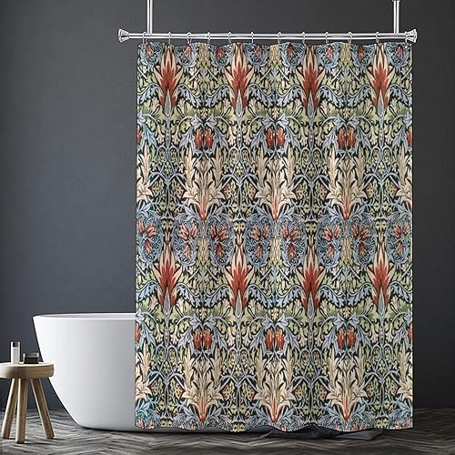 Miniatura 5 de William Morris - Cortina de ducha con estampado de pájaros azules, poliéster impermeable con 12 ganchos, 72 x 84 pulgadas