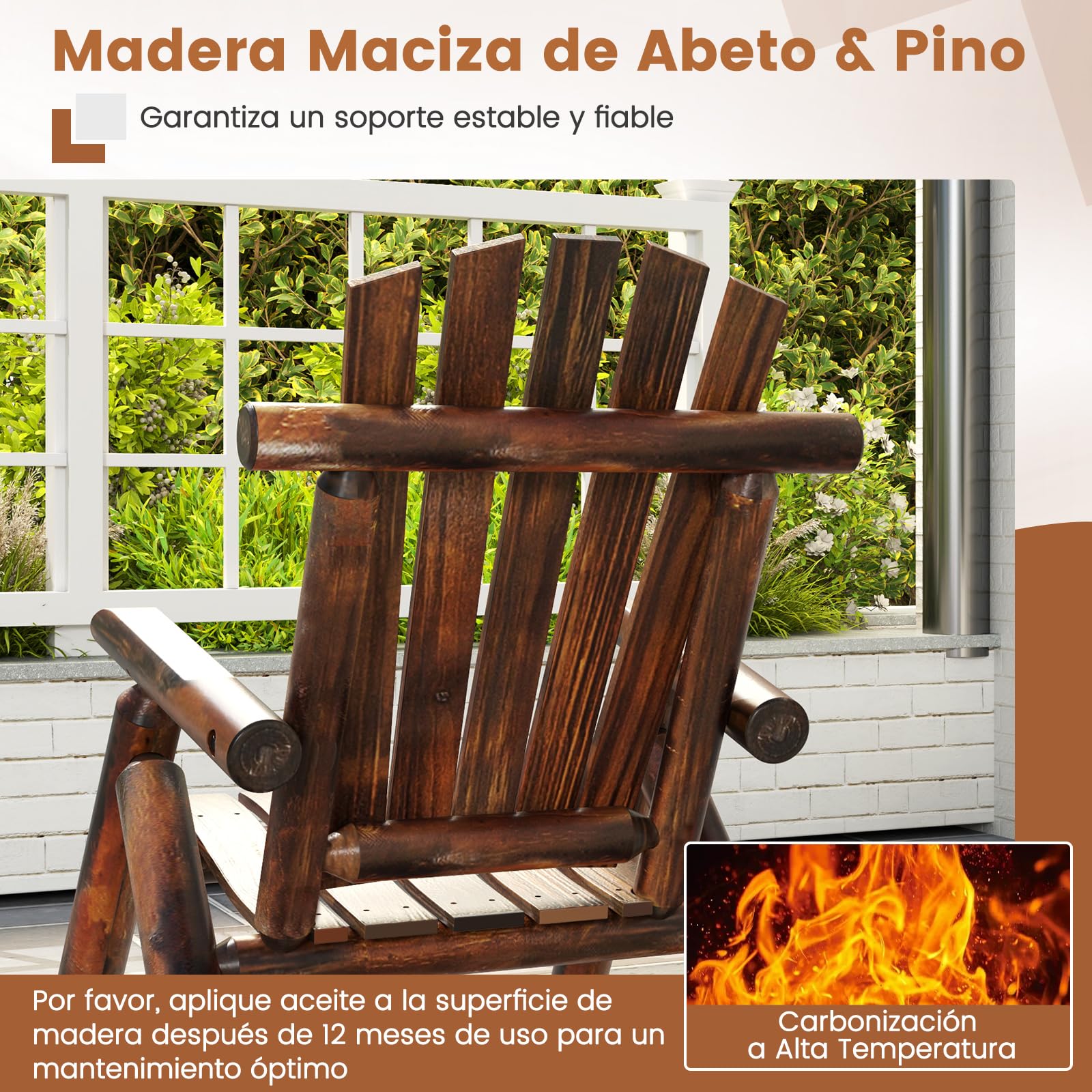 COSTWAY Silla Mecedora Adirondack para Adultos, Mecedora Madera Maciza con Respaldo Alto y Asiento de Listones, Sillon Jardin Balcón Terraza Exterior, 91 x 69 x 97 cm, Carga 150kg