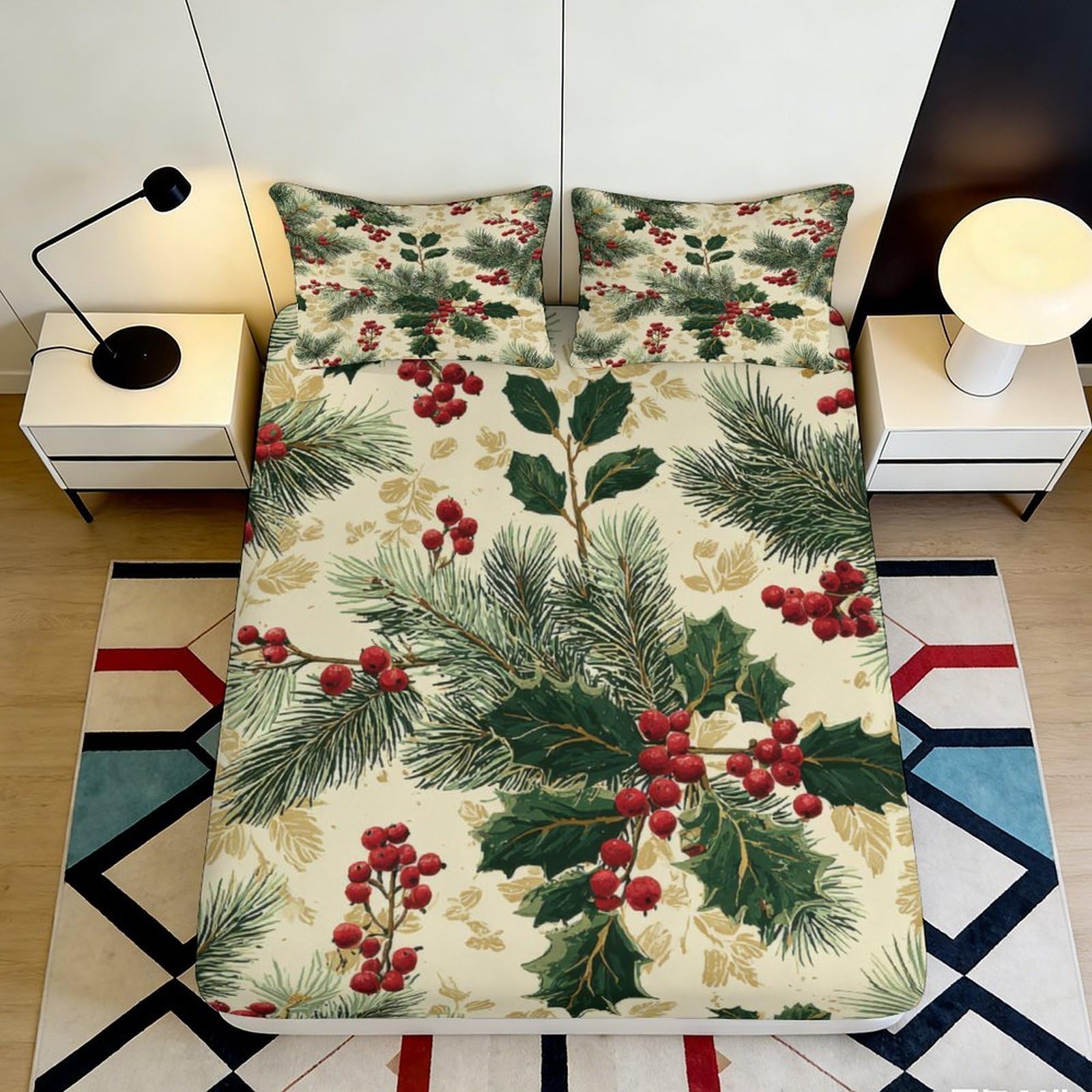 3D Printed Christmas Pine Holly Fitted Sheet Microfiber Soft Red Berry Bed Cover for Bedroom Guest Room Decor 90x200x25cm