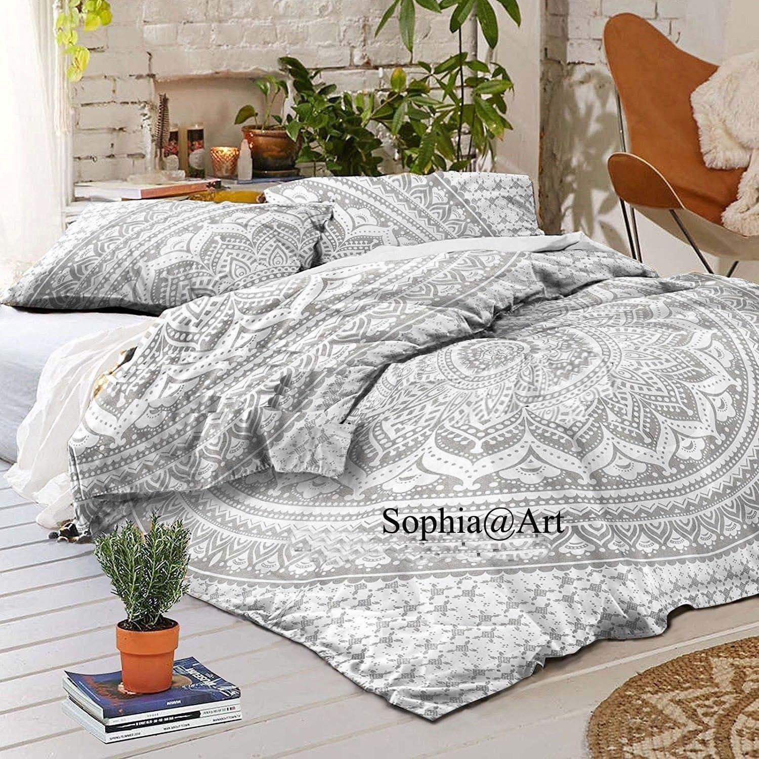 Indian Handmade Hippie Cotton Ethnic Print Bohemian Mandala Ombre Duvet Cover Bedding Donna Comforter Cover Throw Blanket with 2 Pillows Shams (Black Gold Flower, California King 104*104 Inches)