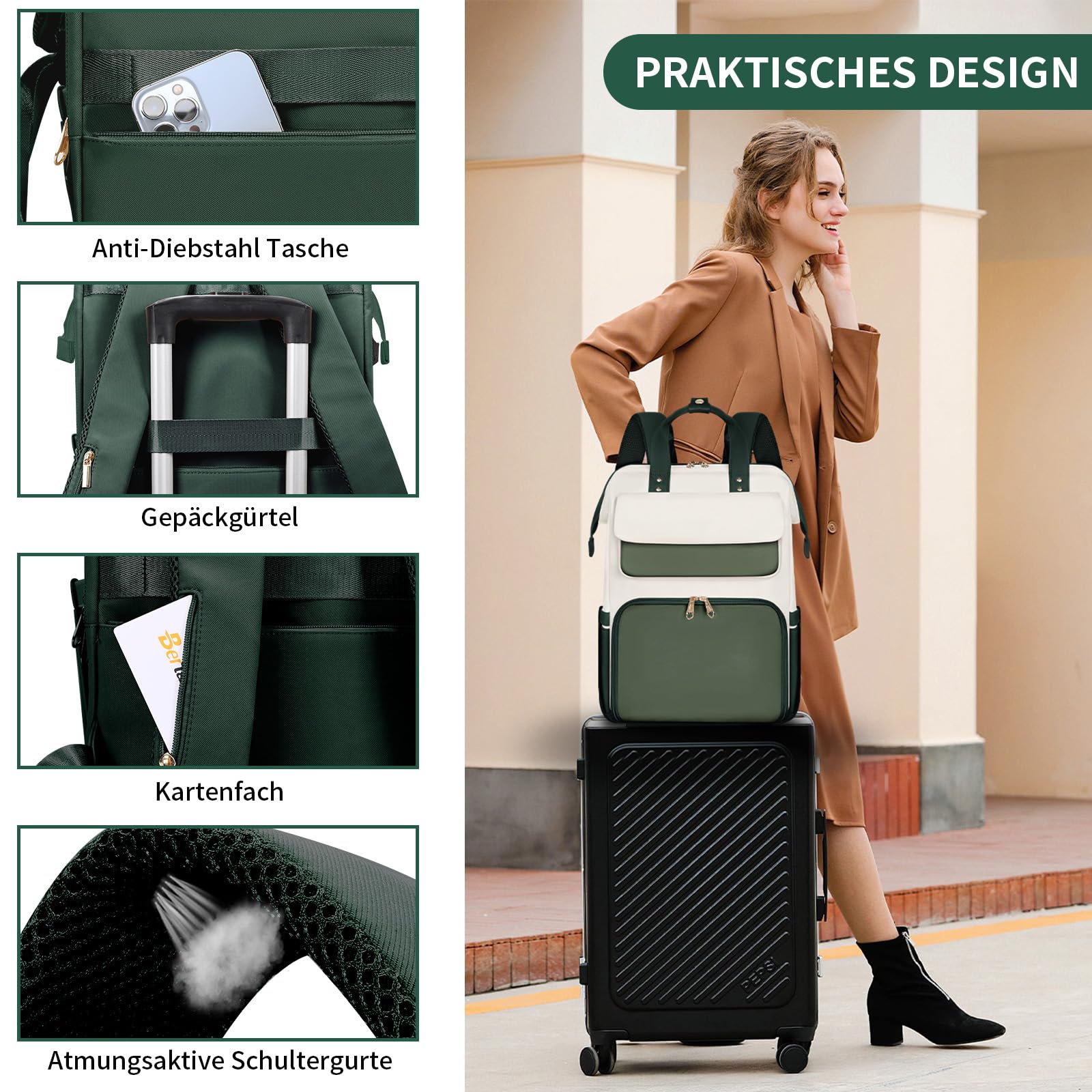 BERTASCHE Sac à dos pour ordinateur portable 17,3" avec sac isotherme 2 en 1 pour femme/travail/affaires/voyage/enseignant/école/université, vert/beige