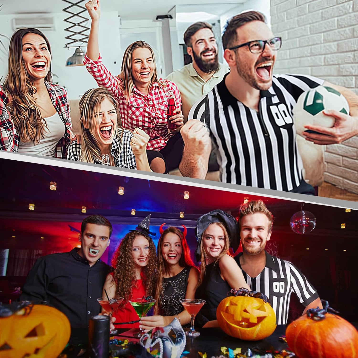 Men Referee Shirt Black and White Stripe Umpire Jersey Halloween Referee Costume with Hat Whistle for Football Soccer One Size - Image 5