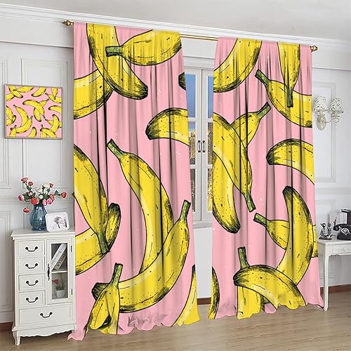 Miniatura 4 de Cortinas de frutas maduras de plátano amarillo y rosa impresión artística para sala de estar, dormitorio, cocina, decoración con bolsillo para