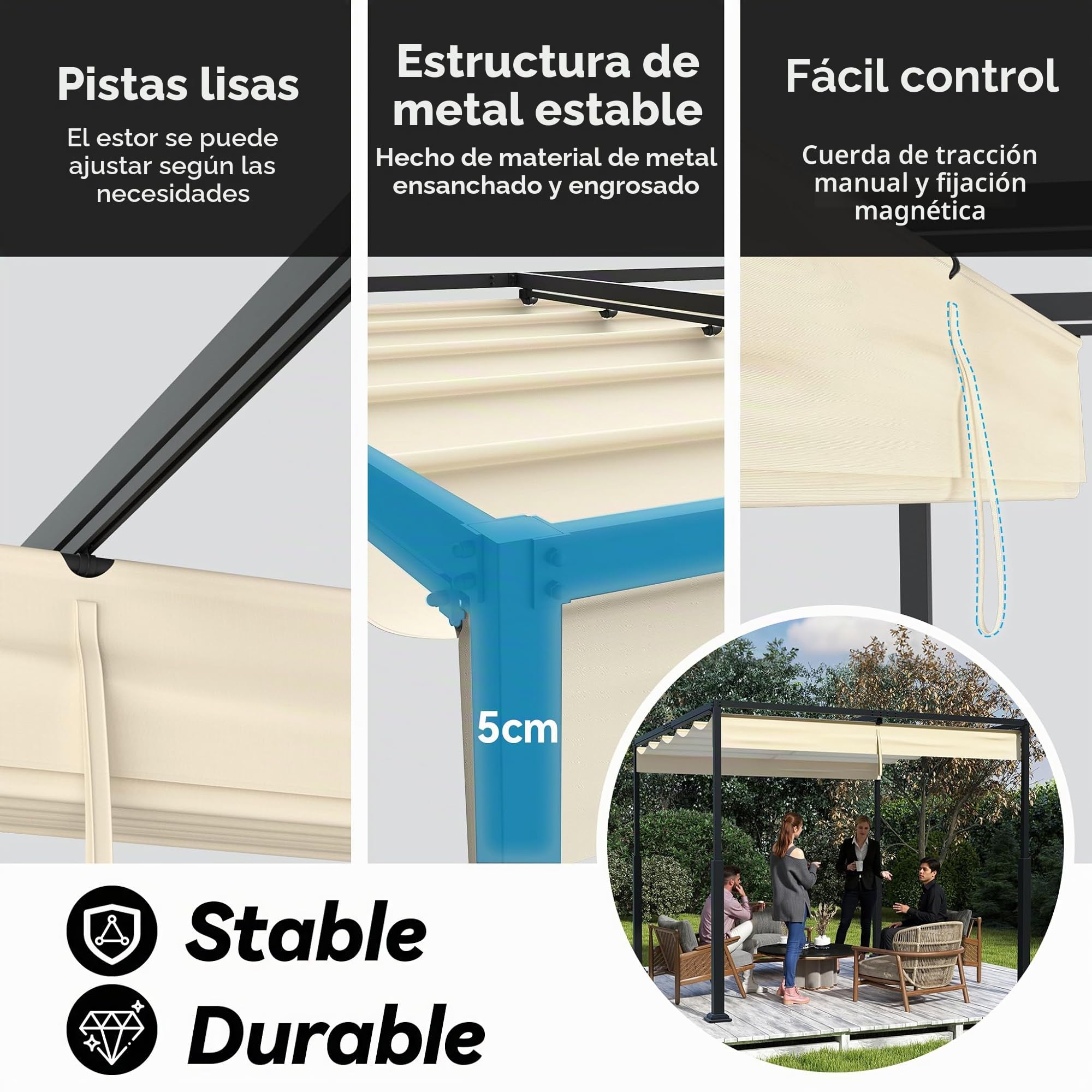 UISEBRT Pérgola metálica de 3 x 3 m, impermeable, estable, resistente al invierno, pabellón con techo de lamas, cubierta independiente con techo corredizo, protección solar para jardines y terrazas