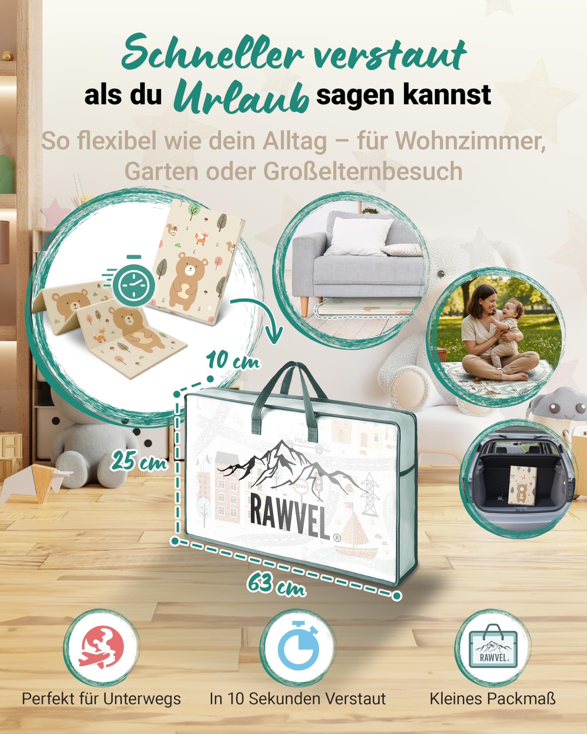 RAWVEL Krabbelmatte baby faltbar [127x127cm / 1cm Dick] Spielmatte Baby faltbar [100% BPA-Frei] Spielmatte Kinder Playmat krabbeldecke Doppelseitig | 2-in-1 Montessori Design | + Tragetasche