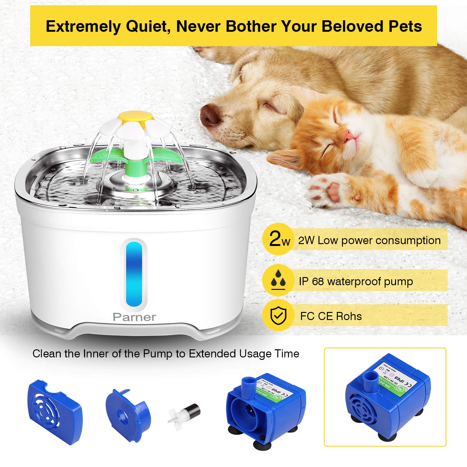 Cat Water Dispenser, Parner Stainless Steel Pet Fountain Flower 2.5L Auto Cat Fountain, Quiet Cat Drinking Fountain with 4 Filters & 1 Silicone Mat & 2 Cleaning Brushes for Cat, Dog, Bird, Other Pets - image 6
