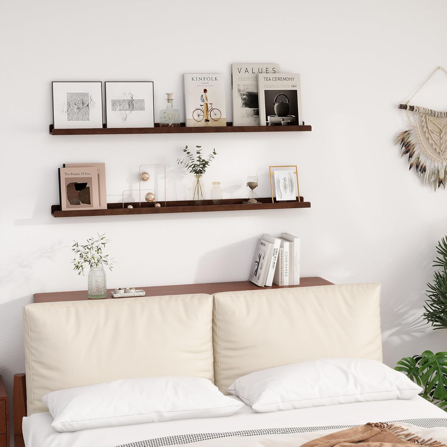 Picture Ledge Shelf | 55 Inch Wood Floating Shelves Set of 2 | Dark Wood Wall Shelves with Lip | Picture Shelf for Wall with Ledge | Photo Ledge Shelves