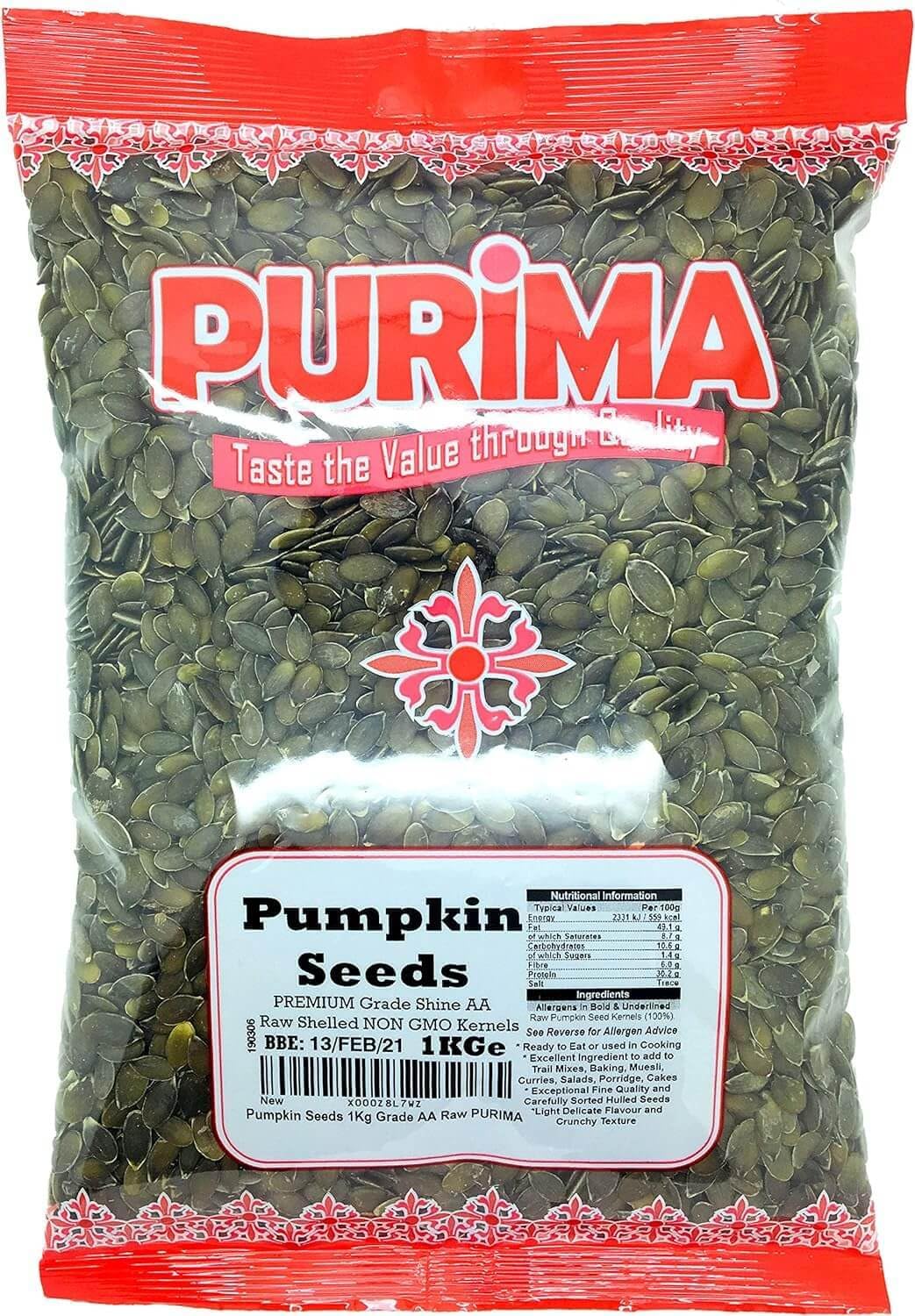 Pumpkin Seeds 1kg - GWS AA Raw Highest Grade Seed - Ready to Eat Edible – For Human Consumption – Without No Shell Whole Kernel – UnRoasted UnSalted Shelled Large Bulk UK (Packaging May Vary) PURIMA