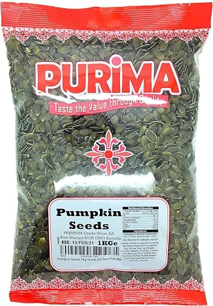 Pumpkin Seeds 1kg - GWS AA Raw Highest Grade Seed - Ready to Eat Edible   For Human Consumption   Without No Shell Whole Kernel   UnRoasted UnSalted Shelled Large Bulk UK Packaging May Vary PURIMA